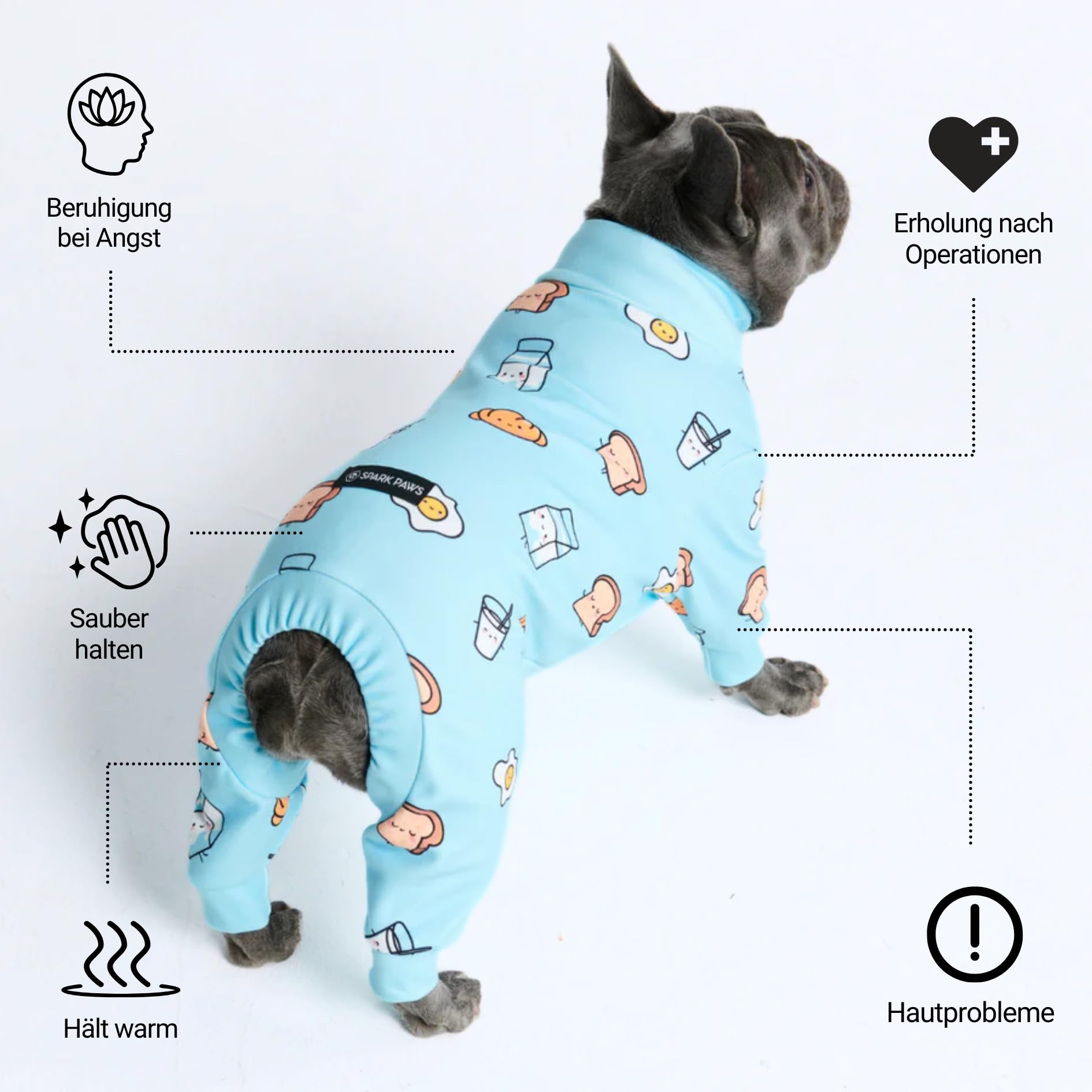 Spark Paws Hundepyjama, ultraweich und 4-Wege-Stretch, Erholungsanzug nach Operation, Schlafanzug Onesie für Kleine, Mittlere und Große Hunde - Breakfast Blue - L