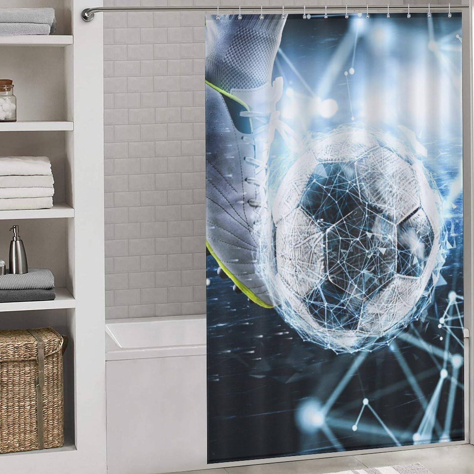 Rideau de douche football imperméable pour éviter l'eau au sol dans la salle de bain