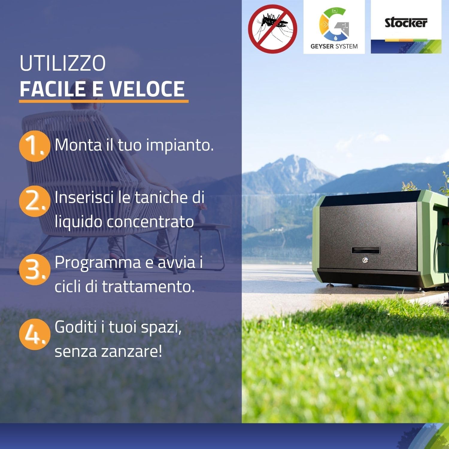 STOCKER - Kit Geyser Pro Completo 41502 - Sistema Antizanzare Automatico WiFi 240W 12 Bar, Copertura fino a 970 m² Estendibile a 3600 m², 125 m Tubo, 10 L Liquidi, Alimentazione 220V
