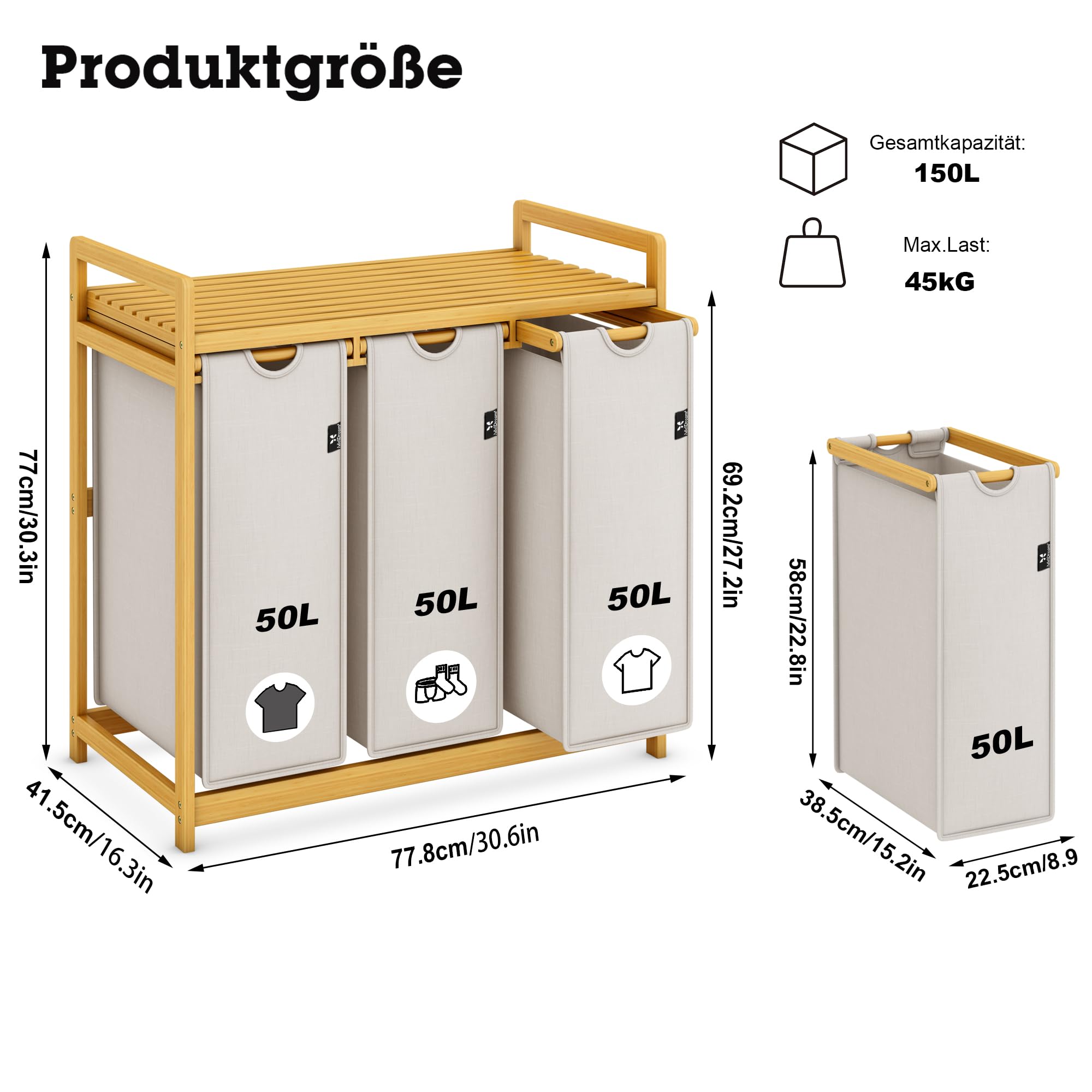 AdelDream Cesto Portabiancheria Cesto per Bucato 150L Organizzatore Lavanderia con 3 Scomparti in Bambù Selezionatore di Bucato Grigio Chiaro