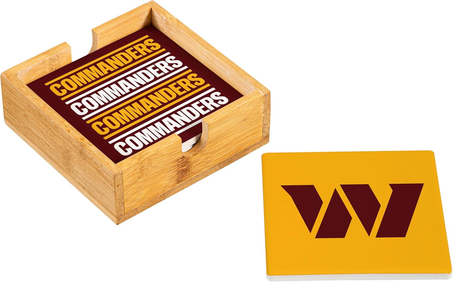 NFL Washington Commanders Coasters Set with Wood Caddy, 4pcs Ceramic Stone Beverage Drink Coasters with Wooden Holder, Football Tabletop Décor for Home, Bar, Kitchen, Man Cave, or Office