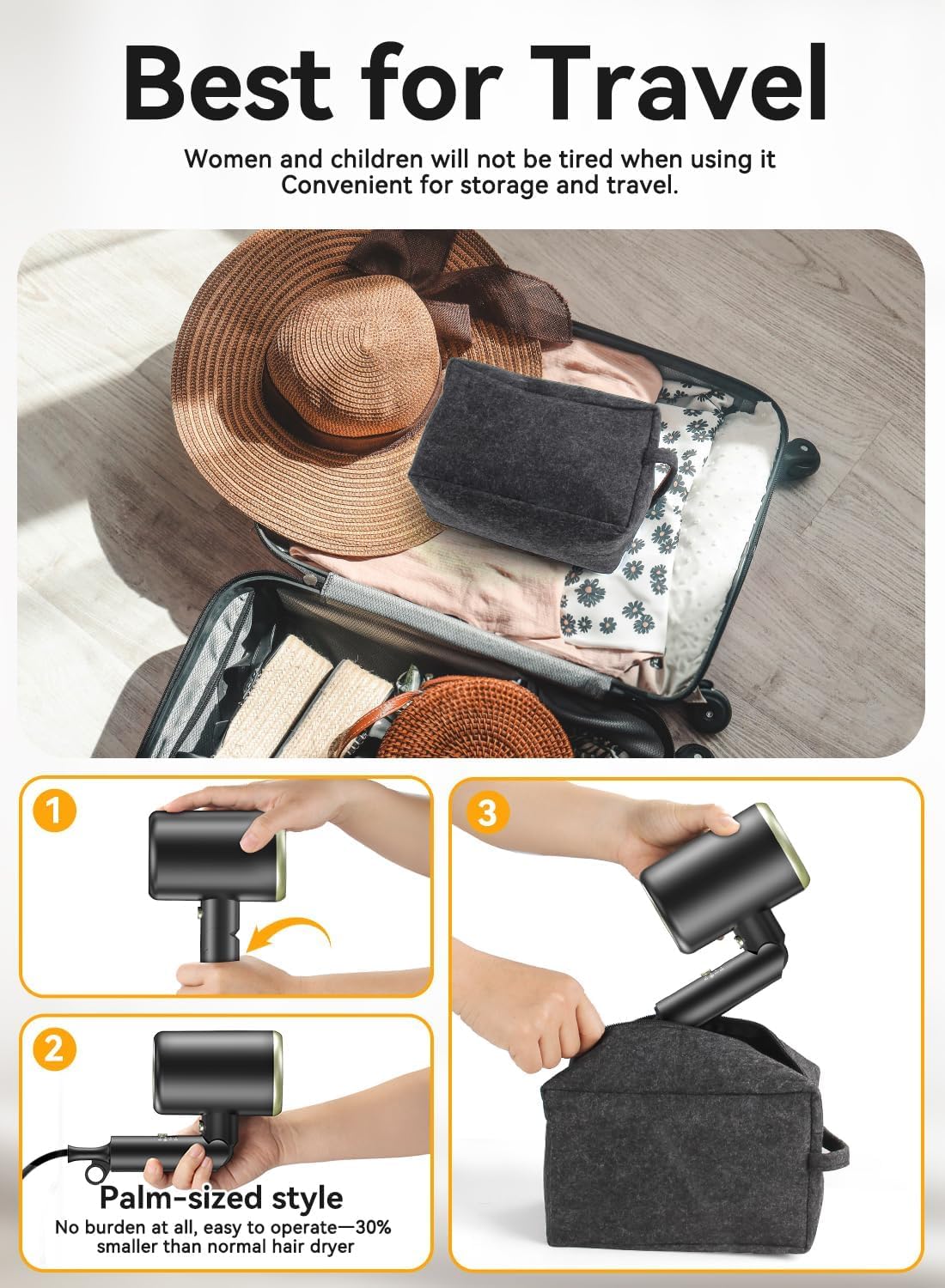 Hair Dryer, 150000RPM Ionic Blow Dryer - Fast Drying, Low Noise, Foldable Portable with Diffuser and Nozzle, Compact Mini for Women and Men, Home and Travel - Black