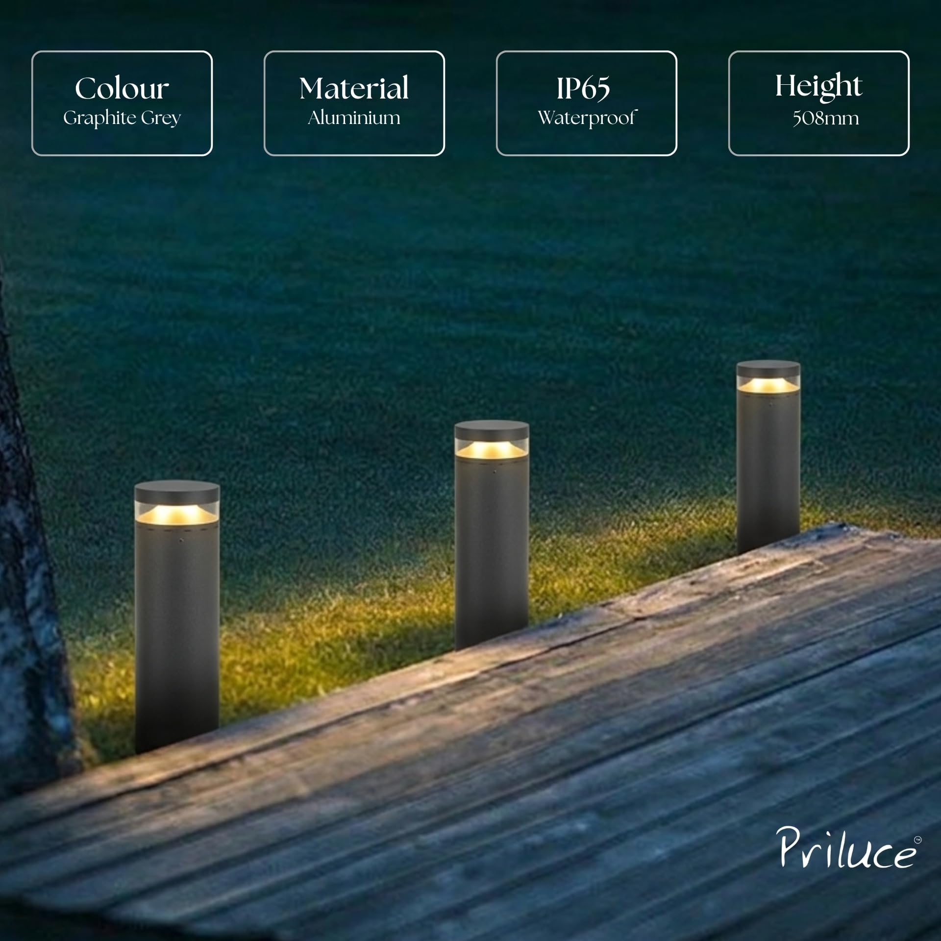 PRILUCE 12W COB Outdoor Pathway Bollard Garden Post Light | 508mm | Graphite Grey Die-Cast Aluminium | IP65 Waterproof | Powered by CREE 1