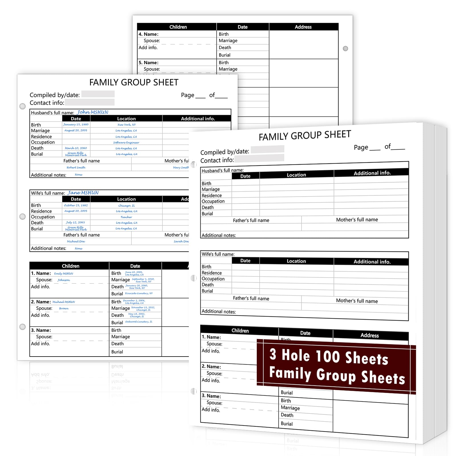 100 Sheets 3 Hole 12th Generation Family Group Sheets Two-Sided Blank Genealogy Forms 8.5×11 Inch Family Tree Charts Worksheets for Research Ancestry