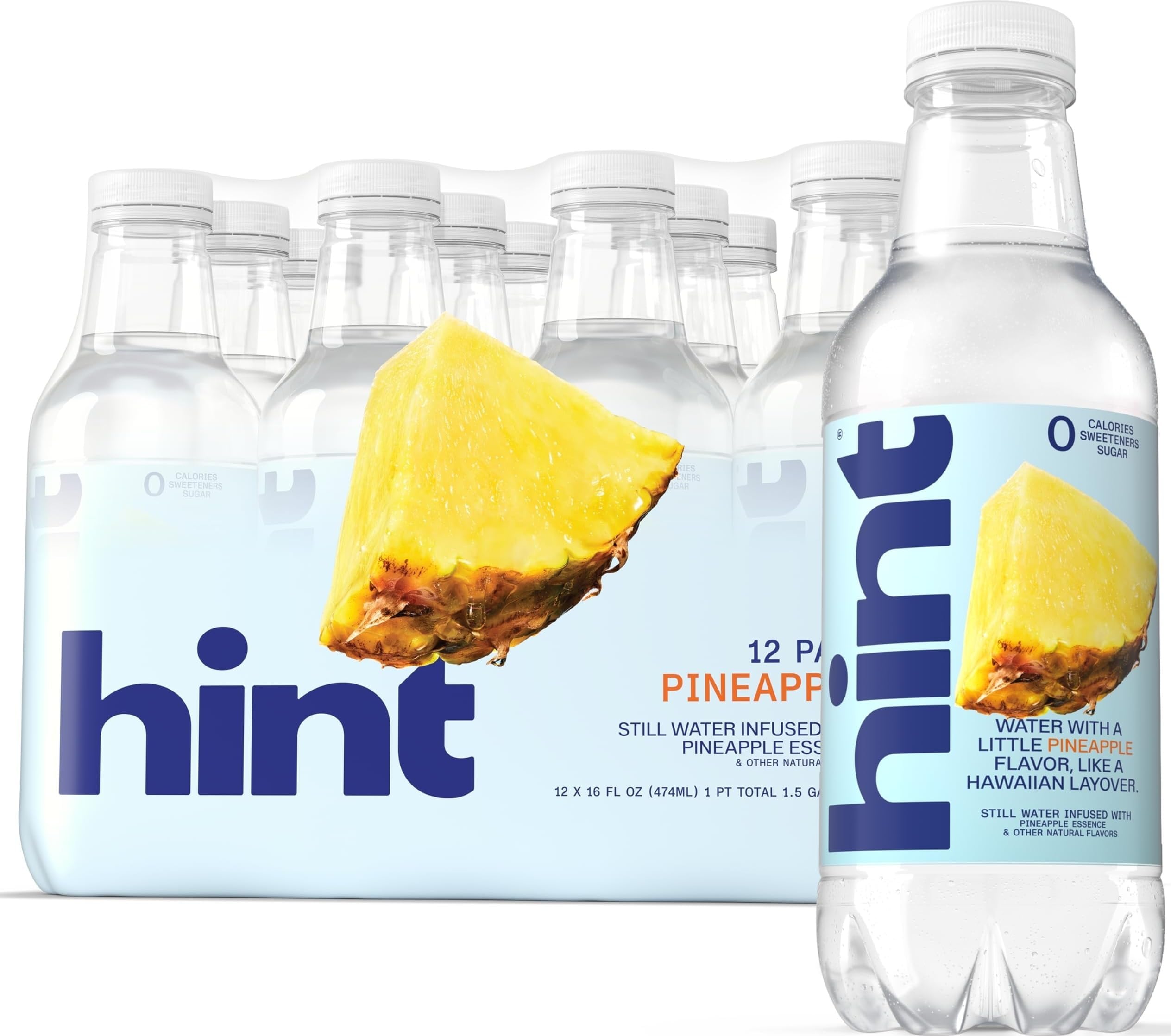 Hint Flavored Water Zero Sugar 0 Calories - Pineapple 16 FL Oz (12 pack) | Crisp, refreshing water, fruit flavors. 0 calories, 0 sugar, 0 sweeteners. Hydration for wellness. Gluten-free, Kosher, Vegan