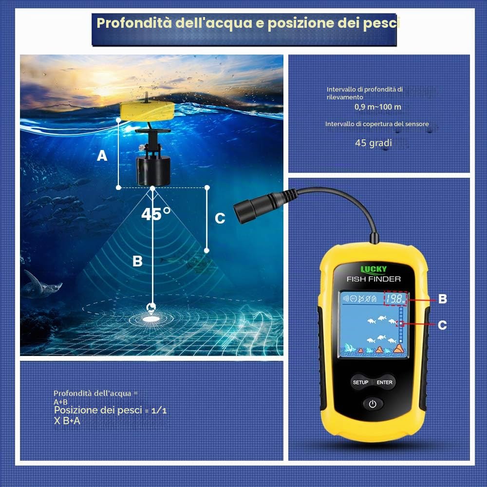 LUCKY Kayak Portatile Cercatore di Profondità dei Pesci Ecoscandaglio Portatile per Acqua Sonar Calcinabile Barca in Kayak Display LCD da Pesca con Trasduttore Ecoscandaglio FFC1108