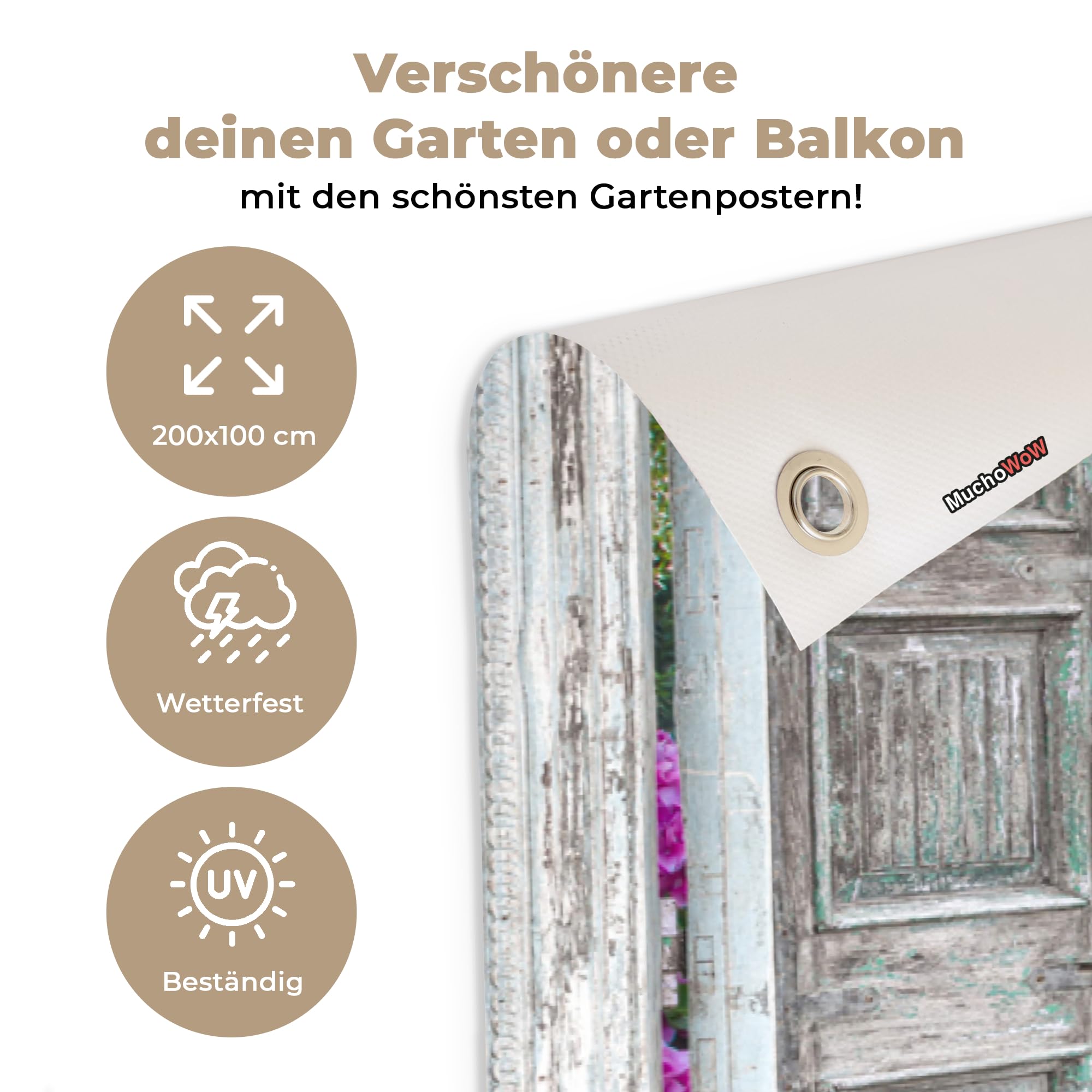 MuchoWow© Gartenposter Groß 200x100 cm XXL Outdoor Bilder Gartendeko für draußen Wetterfest Garten Deko Terrasendeko Banner Draußen Bild Dekoration Fensterblick - Hortensie - Blumen