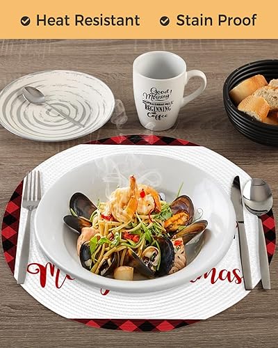 Miniatura 3 de Paquete de 2 manteles individuales redondos trenzados para mesa de comedor, copo de nieve de Navidad, árbol de Navidad, camión rojo de granja blanca