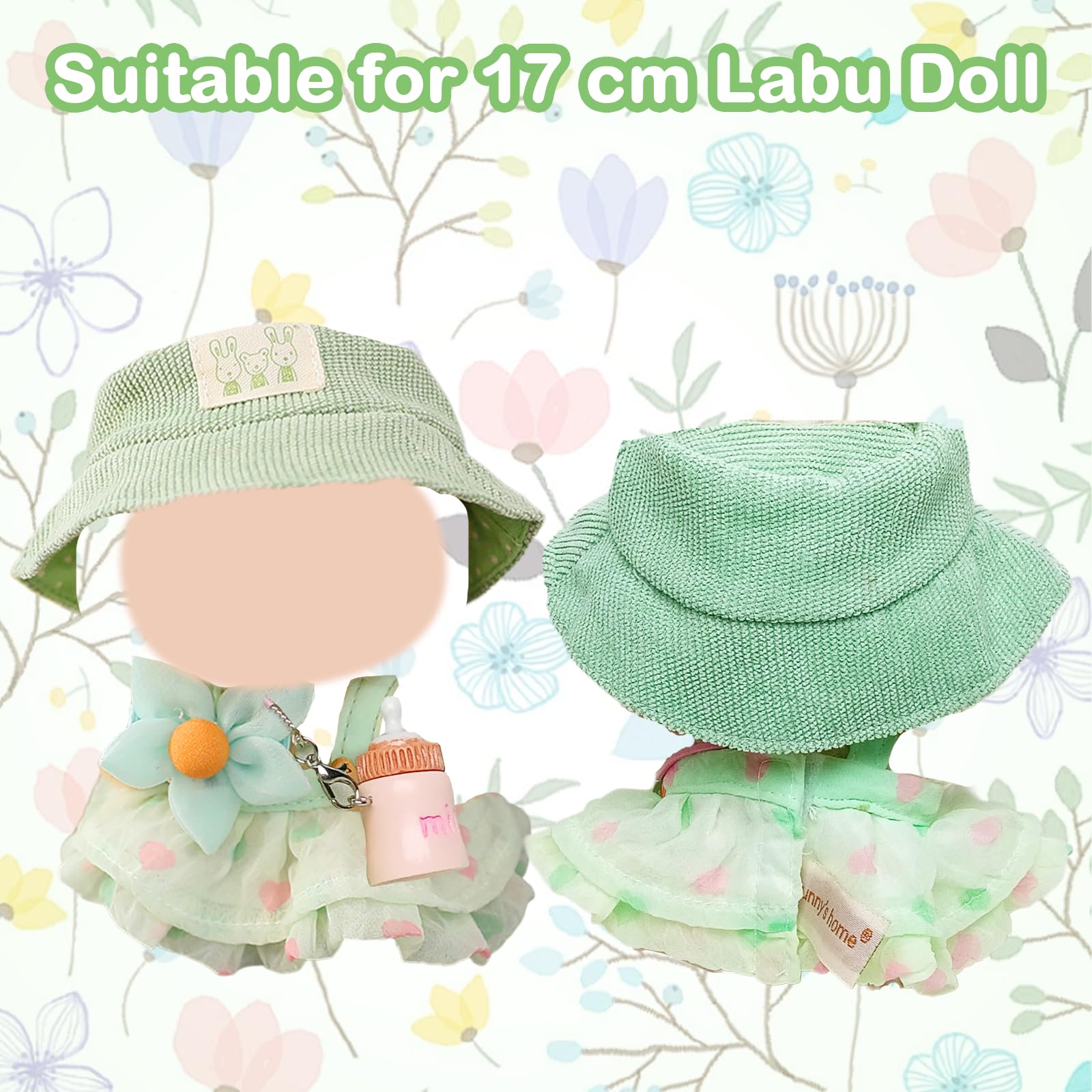 Vêtements De Poupée 17 Cm – Compatible Labubu – Robe Verte à Ruban, Chapeau Parasol, Sac Fleuri, Bouteille – Sans Poupée – Idéal Pour Filles Et Collectionneurs