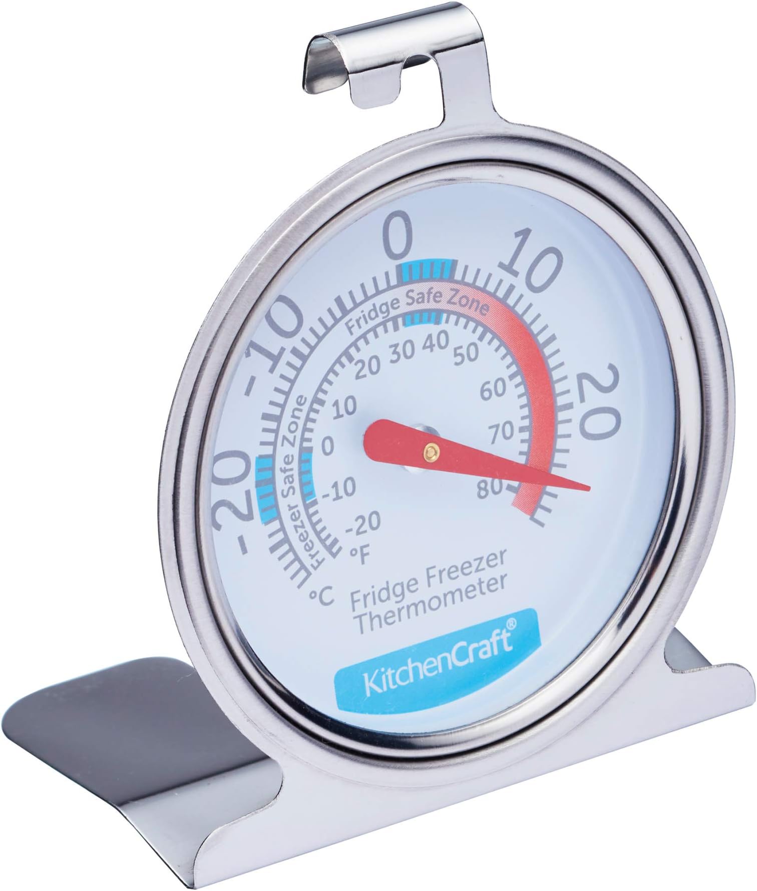– KitchenCraft Fridge Freezer Thermometer with Min Max Temperature Guide, Clear Dial, Stainless Steel, Silver