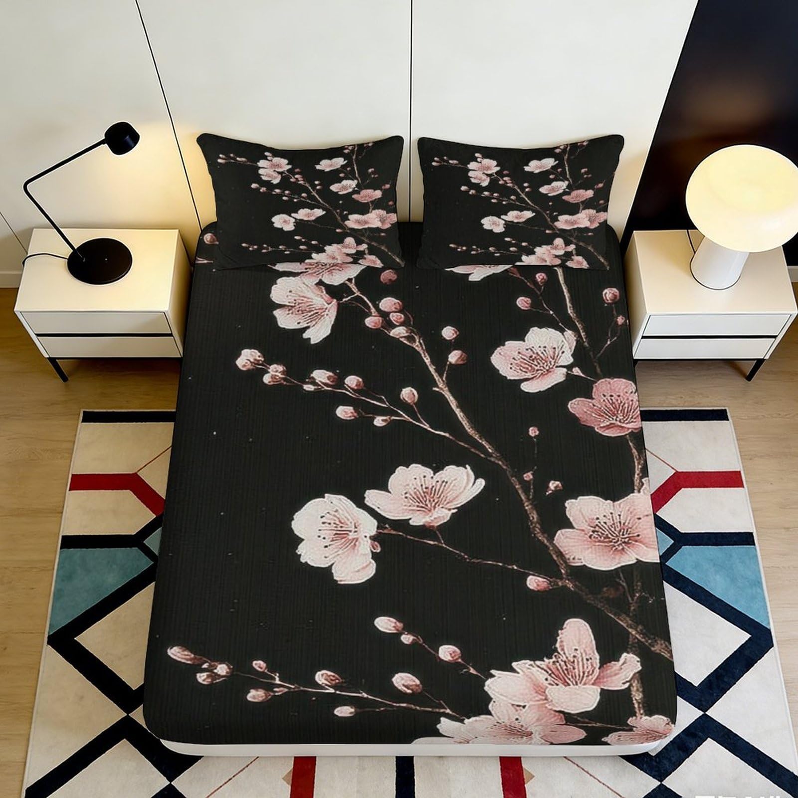3D Printed Cherry Blossom Fitted Sheet Microfiber Soft Breathable Floral Bed Cover with Mattress Protection for Bedroom Dormitory Guest Room 180x200x25cm