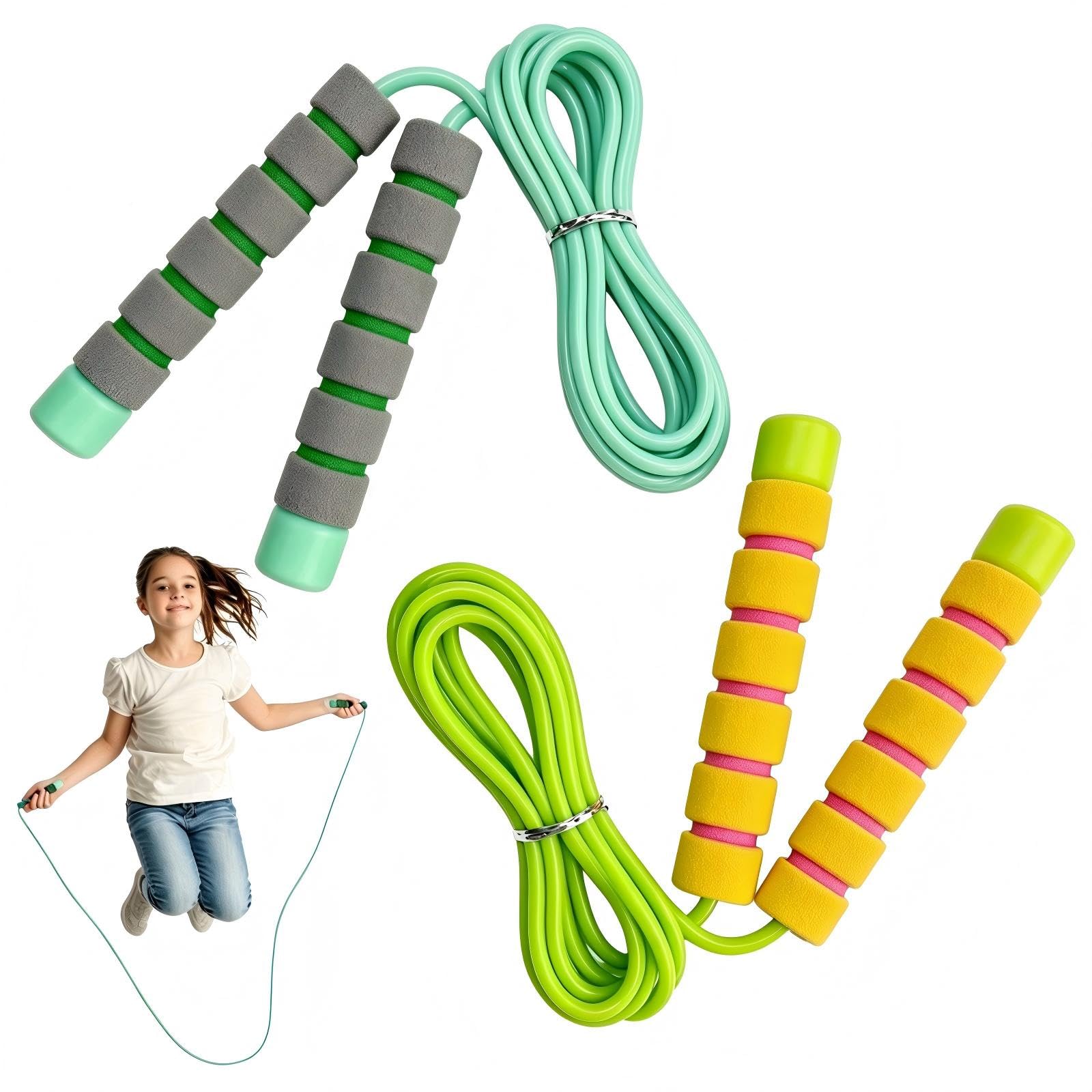 2 Pcs Skipping Rope for Kids, Adjustable Child Skipping Ropes, Jump Ropes with Foam Handles for Boys and Girls to Exercise (2.6m) (Yellow+Green) — image 1