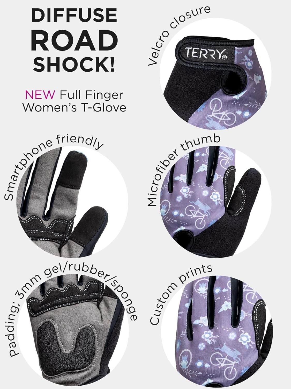 Terry Full Finger T-Gloves for Women, Full Coverage Gel Padded Mesh Comfort, Touch Screen Compatible MTB Cycling Gloves