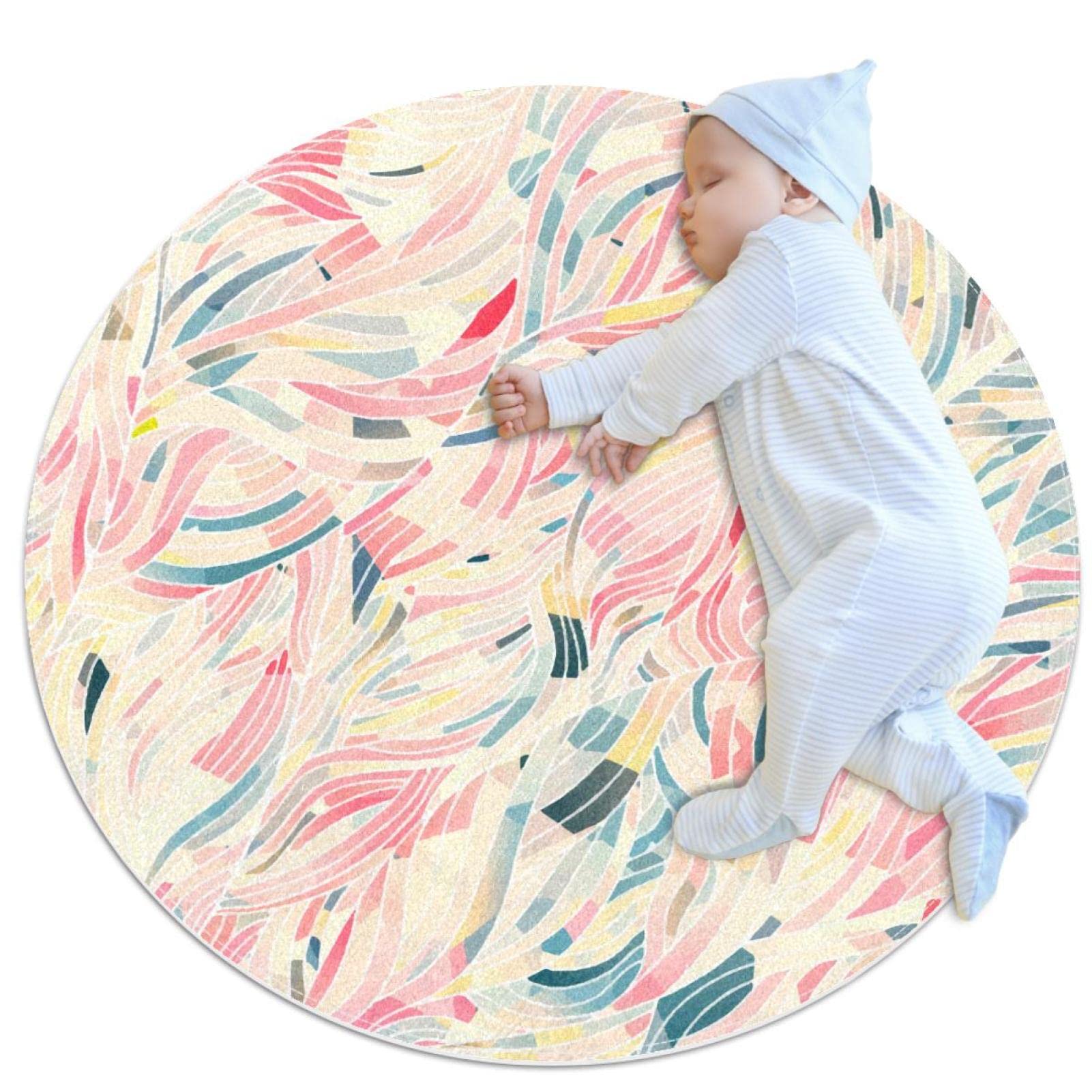 Tapis de salle de bain rond de 1m aux motifs de plumes colorées et envers antidérapant