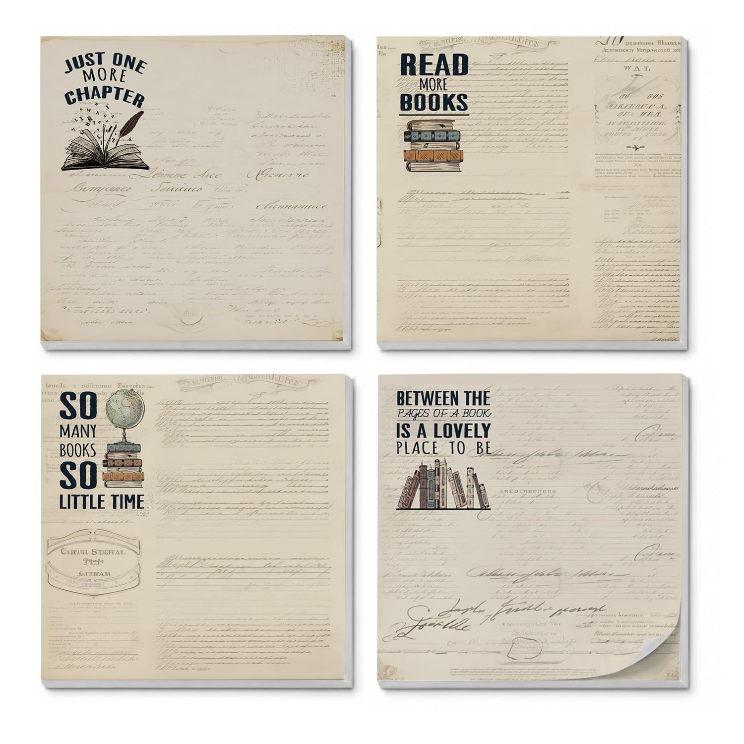 Note adesive per libri, 3 x 3, regali a tema libro per gli amanti dei libri, 4 blocchetti, regali divertenti per club di libri autoadesivi vintage per lettori Bookworm per il ritorno a scuola