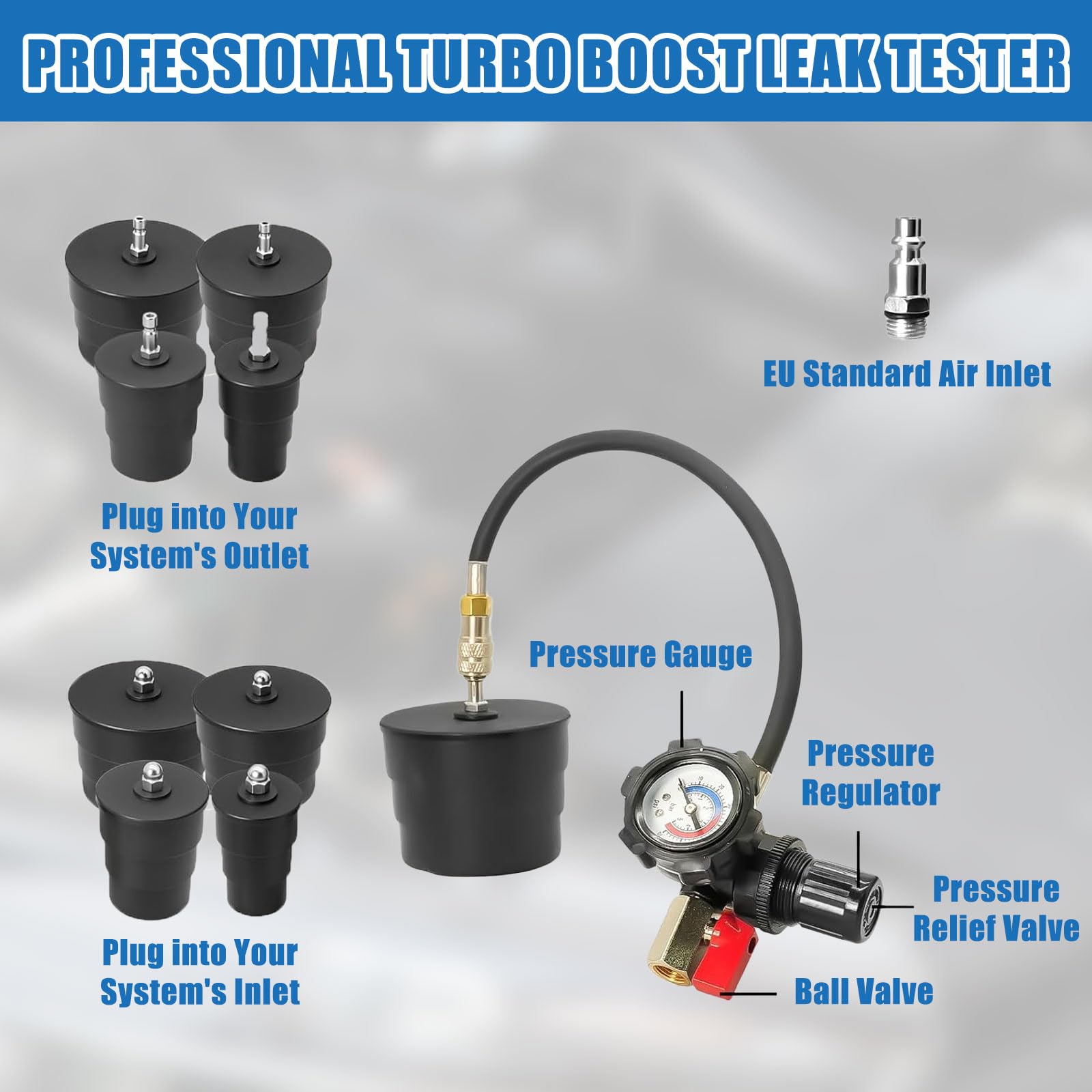 9tlg Turbolader Ladeluft System Adapter Satz Ladeluftkühler Abdrücksatz Tester Prüfwerkzeuge für Ladeluftschläuche, Abgasturbolader und Kompressorsysteme