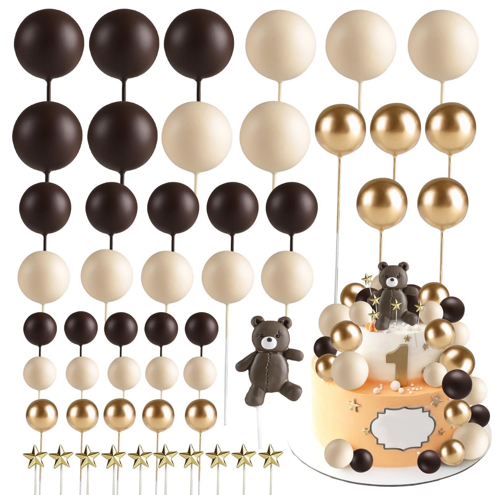 51-teiliges Teddybär-Kuchenaufsatz-Set Mit Bärenkugeln & Sternen – Deko Für Babyparty, Gender Reveal & 1. Geburtstag