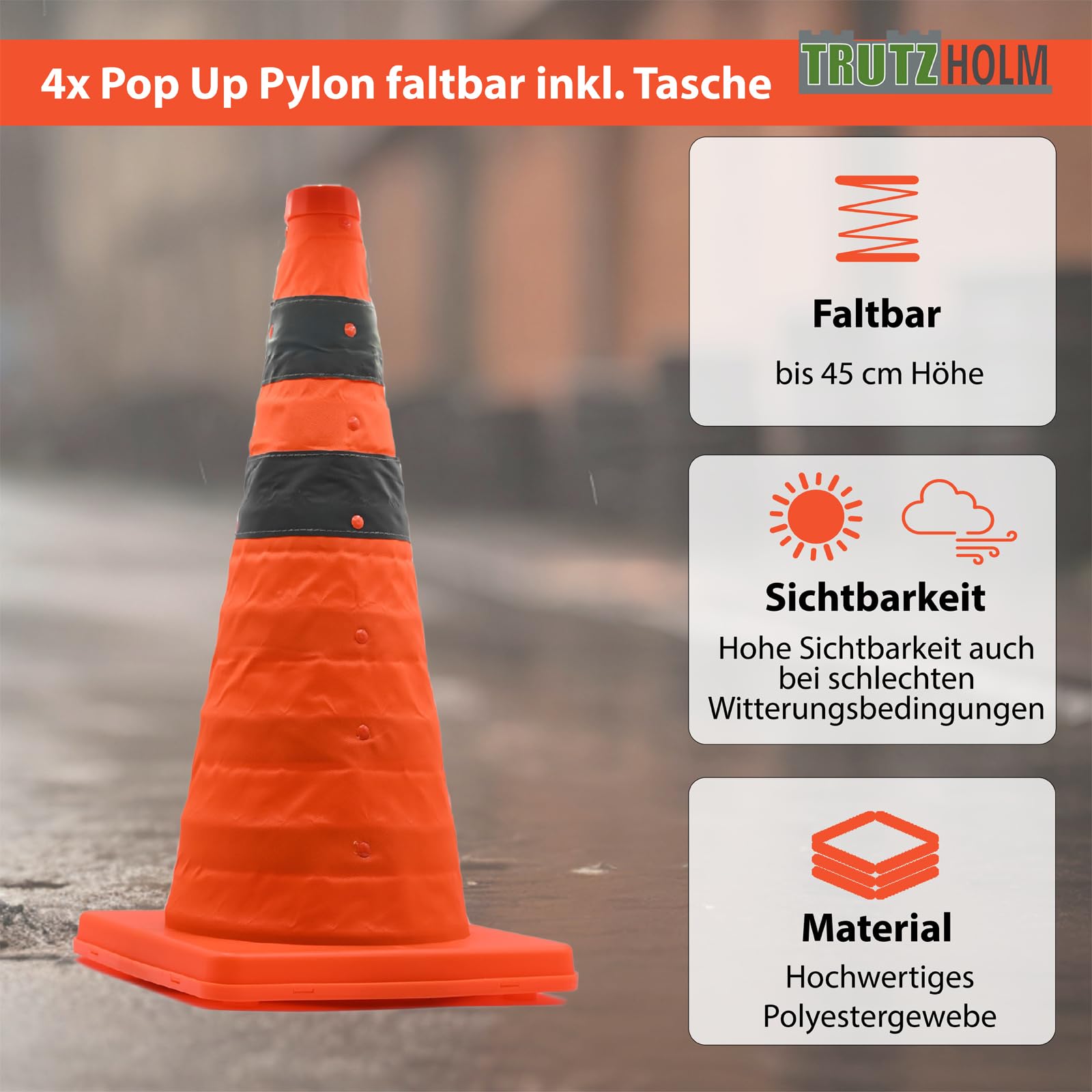 4X TRUTZHOLM Pylon faltbar 45 cm Leitkegel Warnkegel Verkehrskegel Sicherheitskegel reflektierend