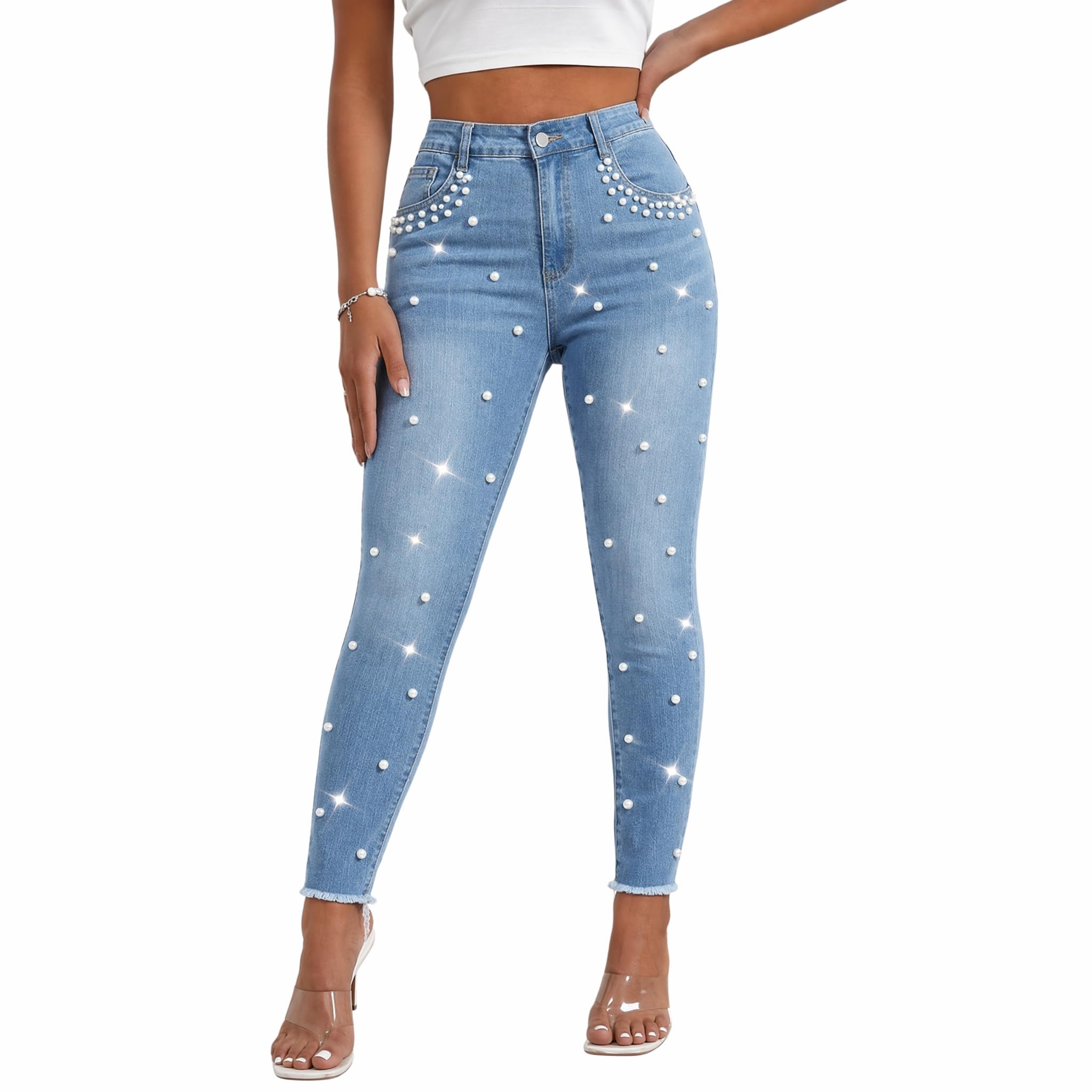 Cyparel Women's Stretch Skinny Jeans Pearl Beaded Fringe Tassels Butt Lifting