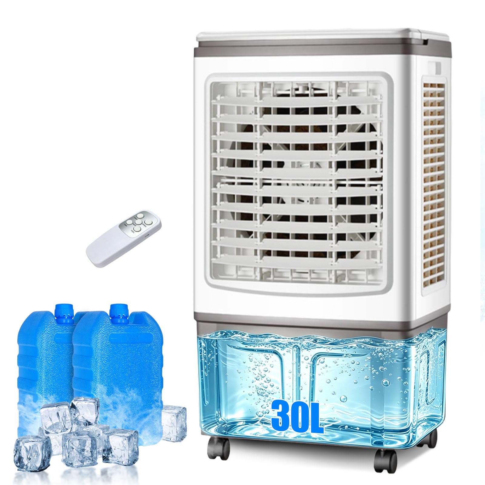 Raffrescatore Evaporativo 30L, Ventilatore ad Acqua con Telecomando e Siberini, Flusso d'Aria Potente, Grande Serbatoio, Climatizzatore Evaporativo Portatile per Grandi Ambienti, Salotto e Garage