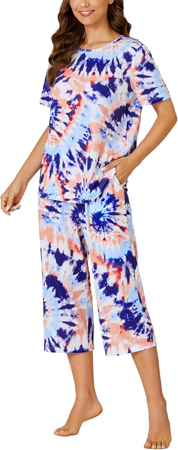 OPOIPIN Women's Pajamas Sets Tie Dye Pjs Short Sleeve Top With Capri Pants Sleepwear 2 Piece Lounge Set - Image 3