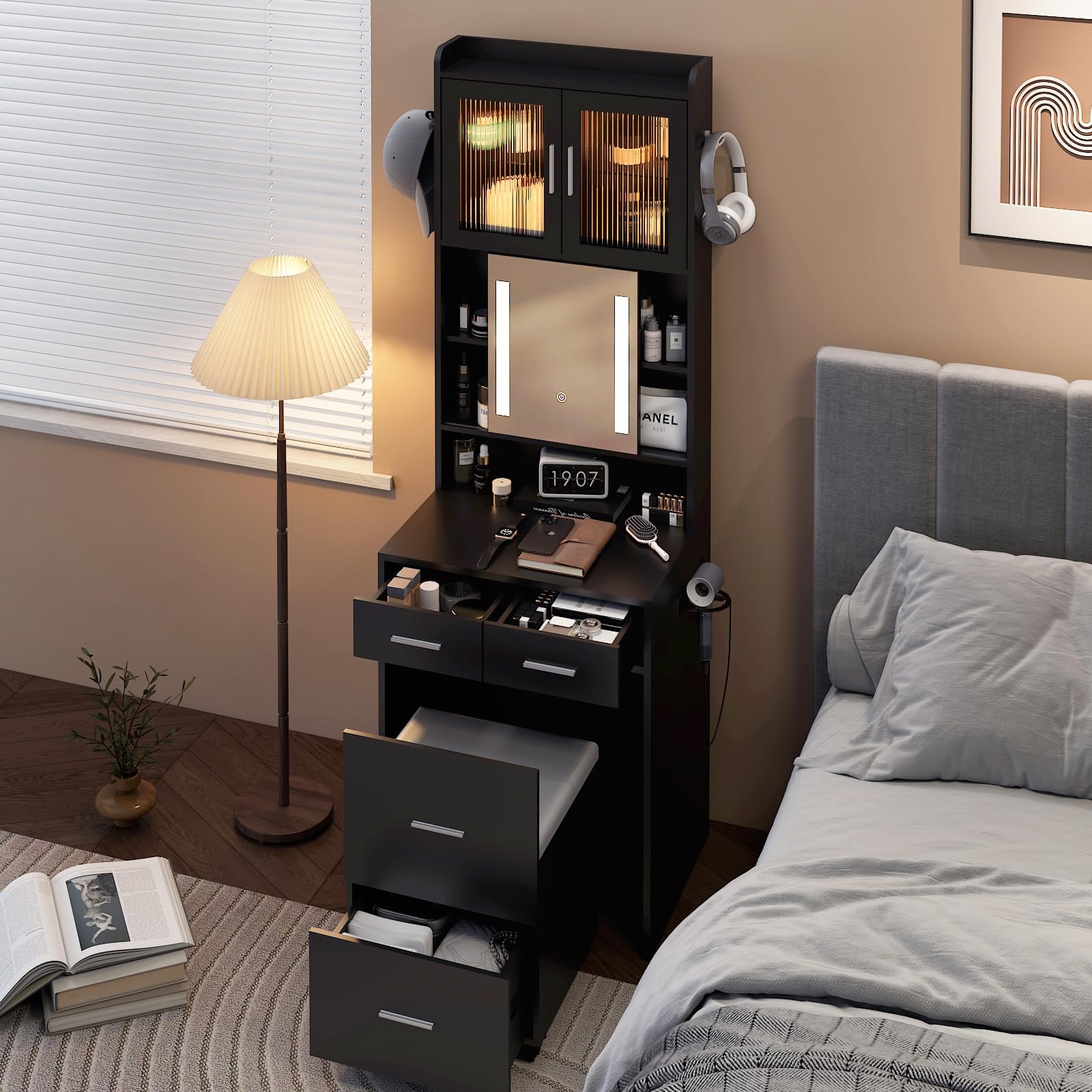 VINGLI 3 in 1 Vanity with Sliding LED Lighted Mirror & Padded Stool on Wheels, Small Makeup Vanity with 3 Drawers & 2 Cabinets, Compact Vanity Set with Power Outlet & 2 Hooks for Bedroom, Black