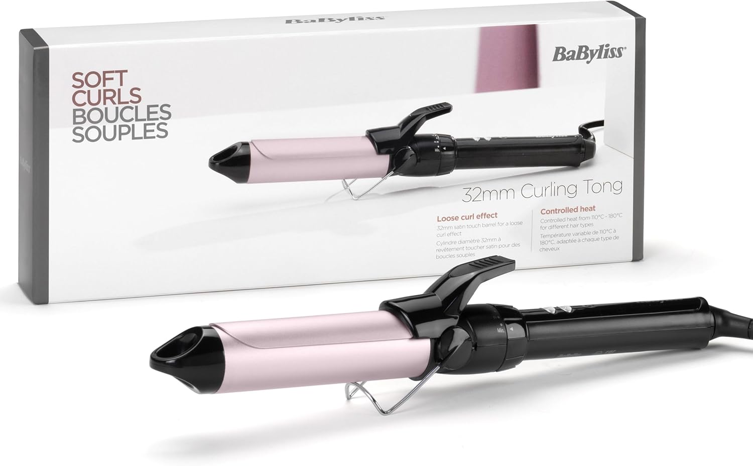 BaByliss 32mm Krultang – Pro Satin Touch, 10 Temperatuurinstellingen, Snelle Opwarming, Pluisvrije Krullen, Geintegreerde Standaard – Zwart & Roze, C332E