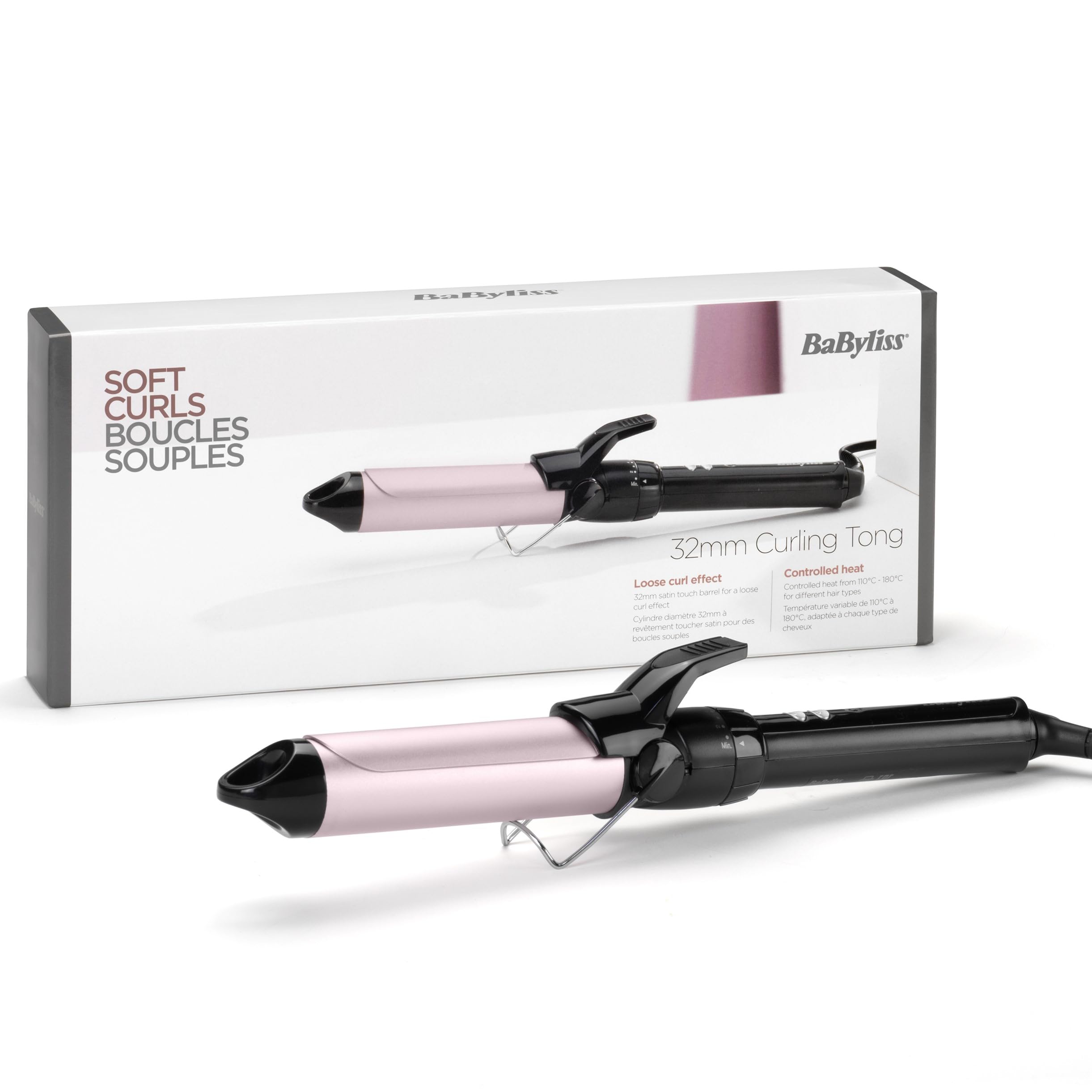 BaByliss Tenacilla 32 mm - Rizador de pelo, Barril Pro Satin Touch, 10 ajustes de temperatura, Calentamiento rápido, Rizos sin encrespamiento, Ondas duraderas, Soporte integrado – Negro y rosa, C332E