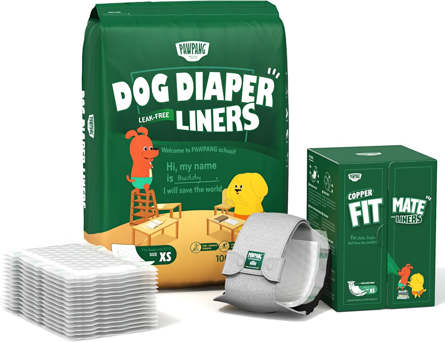 PAWPANG Male Dog Diaper Bundle - XSmall Size | Reusable Belly Band & 115pcs Disposable Dog Diaper Liners | Ideal for Marking, Incontinence & Senior Dogs