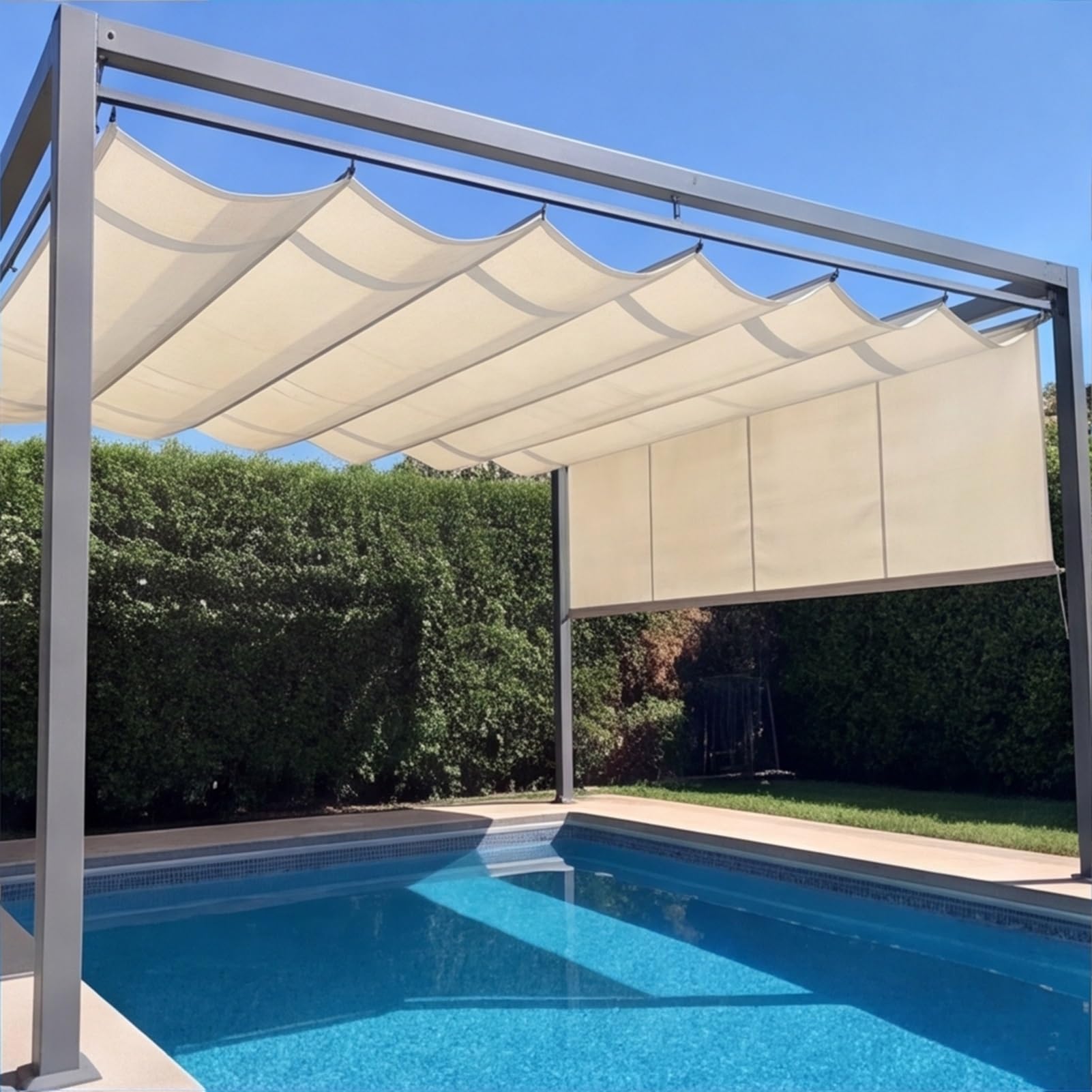 Wysuwany żagiel przeciwsłoneczny, 2,5 x 3,8 m, łatwy montaż, pergola zewnętrzna, zadaszenie, blokada UV, odporny na rozdarcie, do ogrodu, na patio, podwórko, trawnik, kość słoniowa