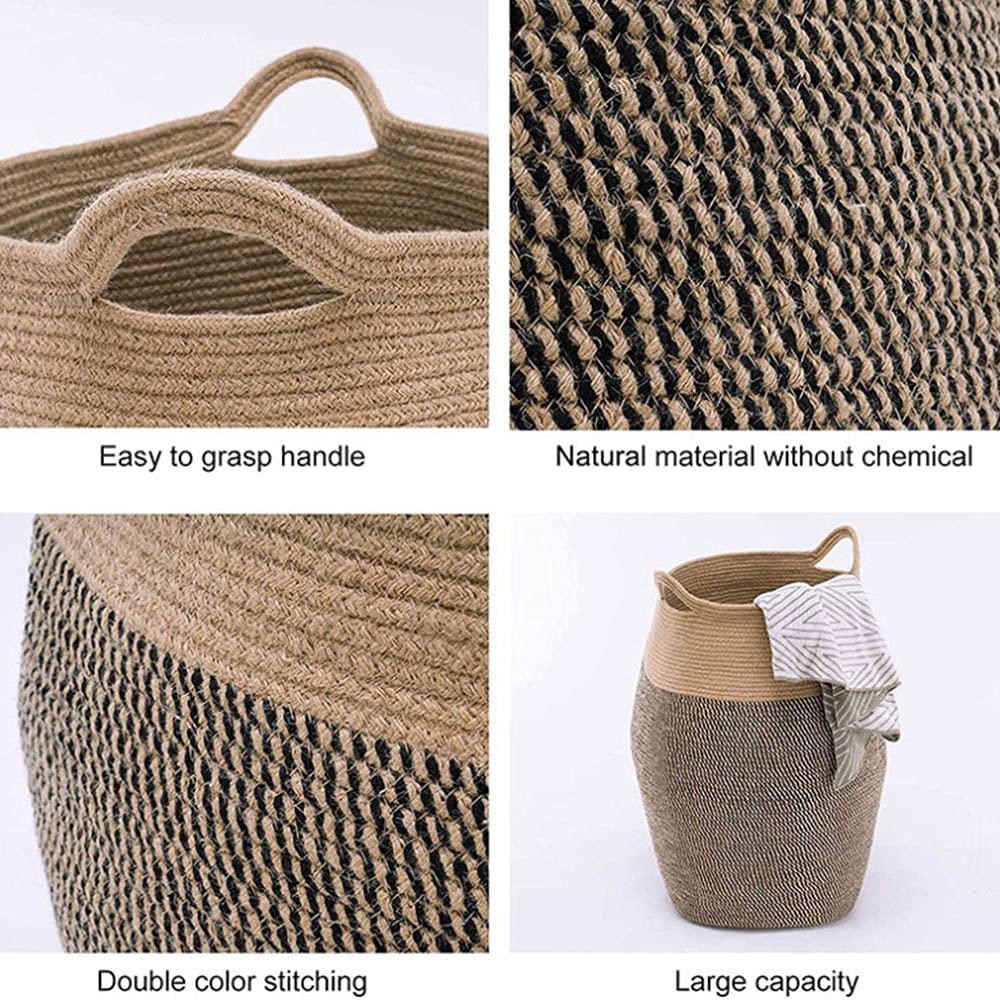 Cesta grande de 65 cm de altura, cesta de lavandería tejida de yute de algodón, cesta de ropa sucia, cesta plegable con asa, organizador de lavandería