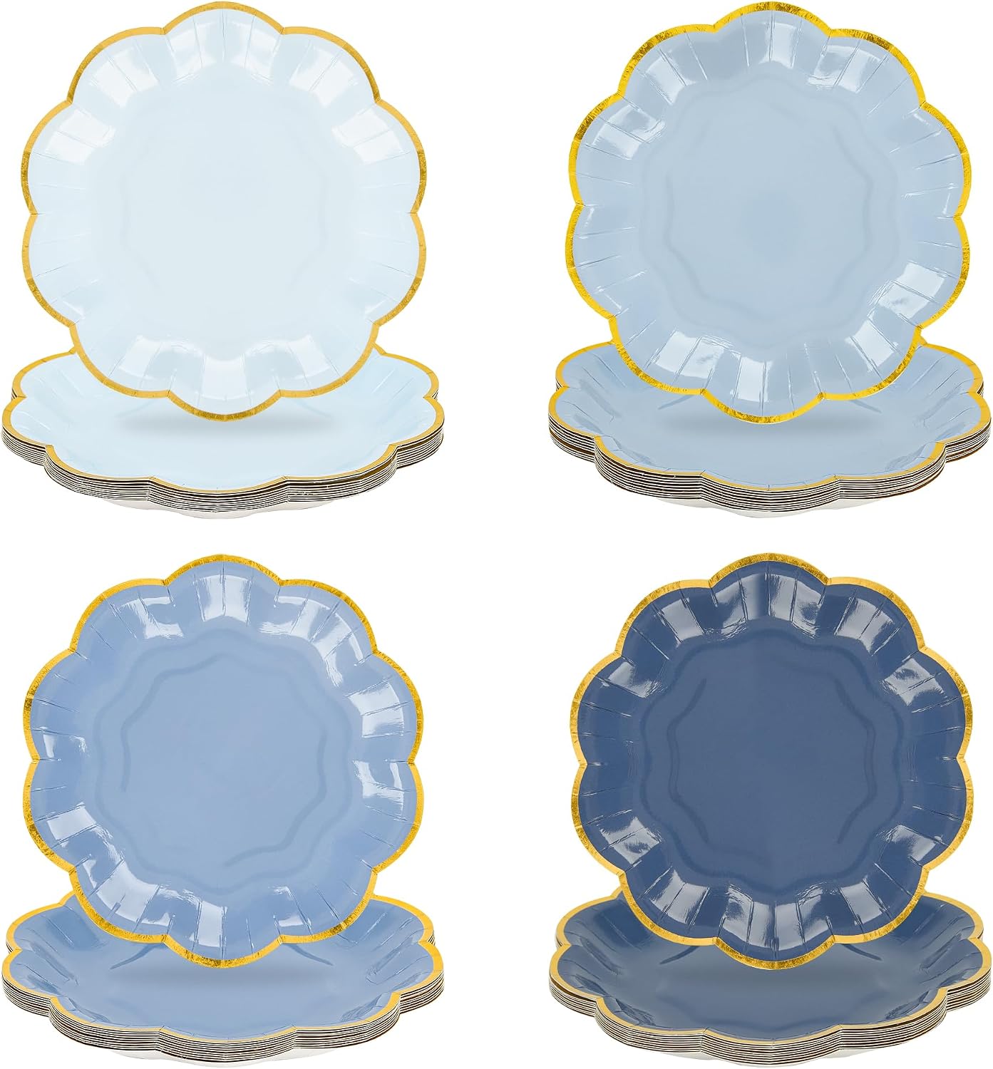 24 Pcs Dusty Blue Scalloped Paper Dessert Plates, 7 Inch, Gradient Blue | Gold Foil Edge, Disposable Party Plates, Snack Cake Plate for Birthday Bridal Baby Shower Wedding Xmas Party Supplies