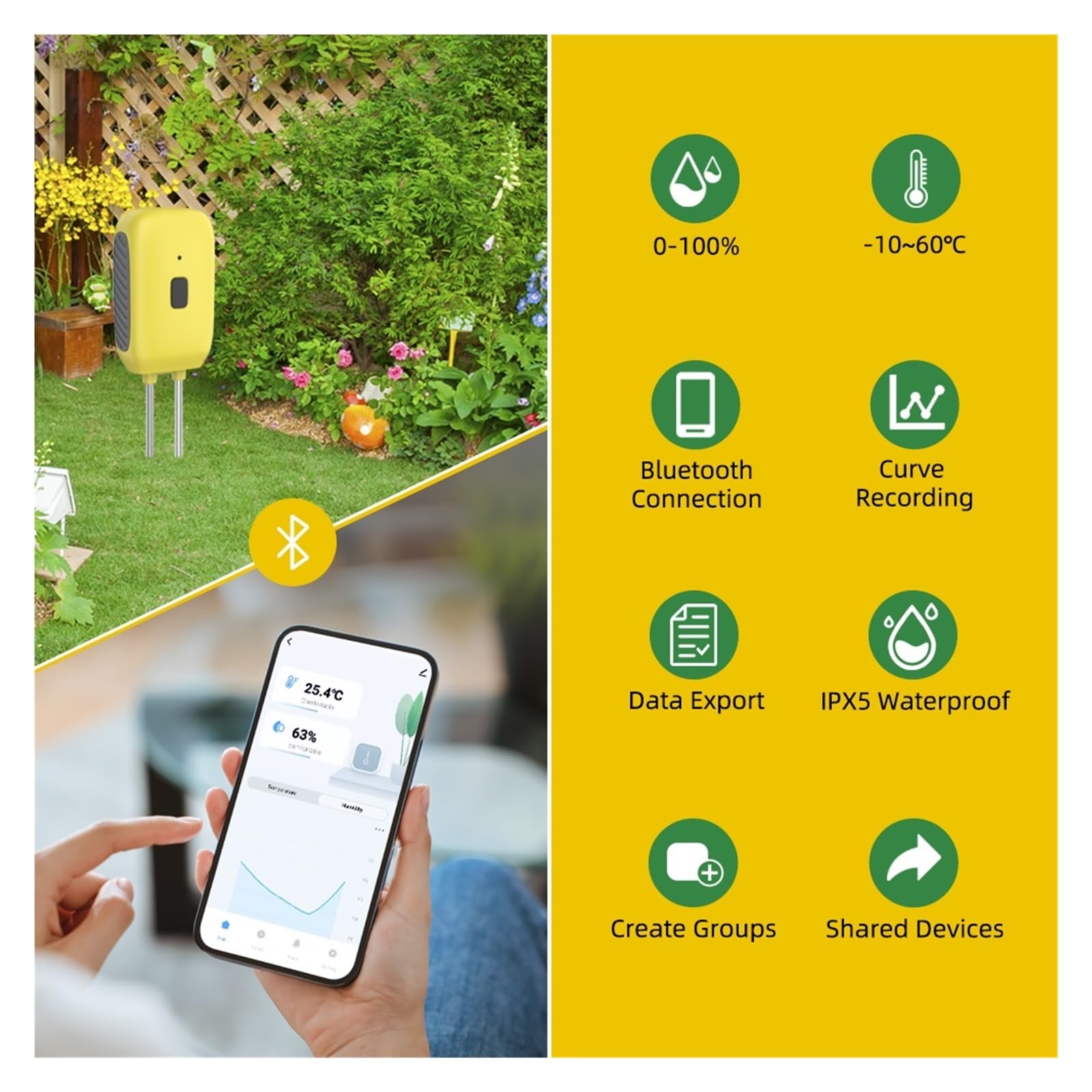 Testeur de pH du sol Testeur de sol Bluetooth Tuya, capteur d'humidité et de température, capteur d'eau intelligent for plantes, thermohygromètre, enregistreur de données pour jardin, pelouse, agricul