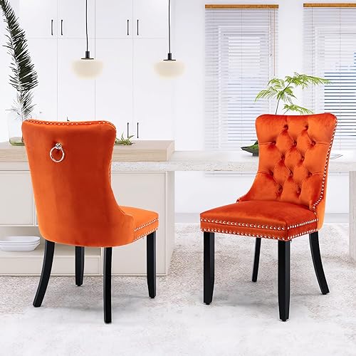 Miniatura 118 de Juego de 6 sillas de comedor de terciopelo, sillas de comedor tapizadas acolchadas con ribete de tachuelas y patas de madera maciza para cocina,