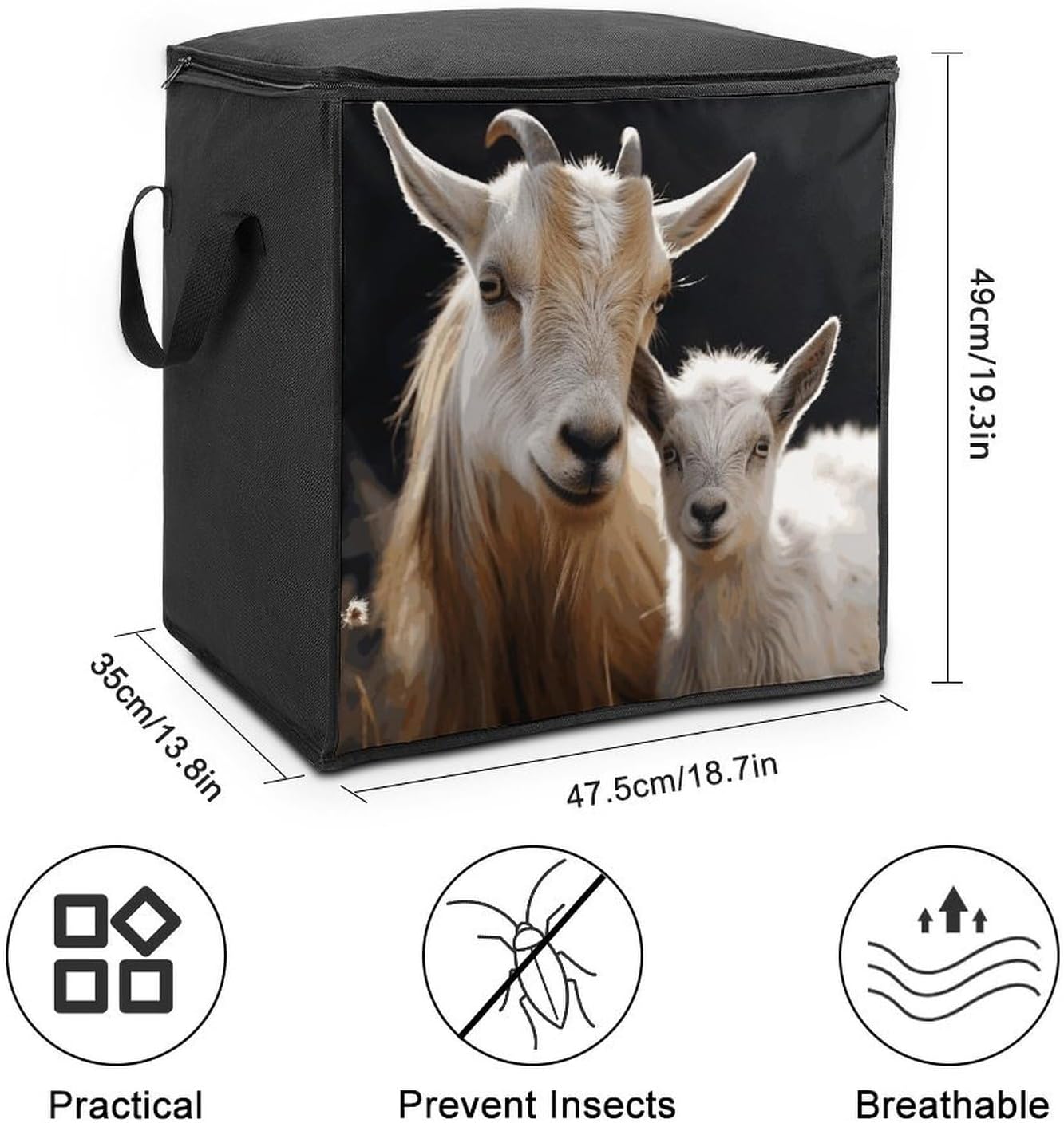 Portable Quilt Storage Bag,Cute Goat Baby with Mother Printed Foldable Wardrobe Storage Box Foldable Storage Bag with Lids And Handle Large Clothing Storage Bag for Comforters Clothes Blankets Pillows