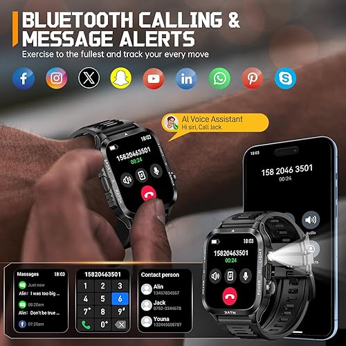 Miniatura 5 de Relojes inteligentes militares para hombres (respuesta/hacer llamadas) con potente linterna de 1.96 pulgadas HD, reloj inteligente táctico al aire