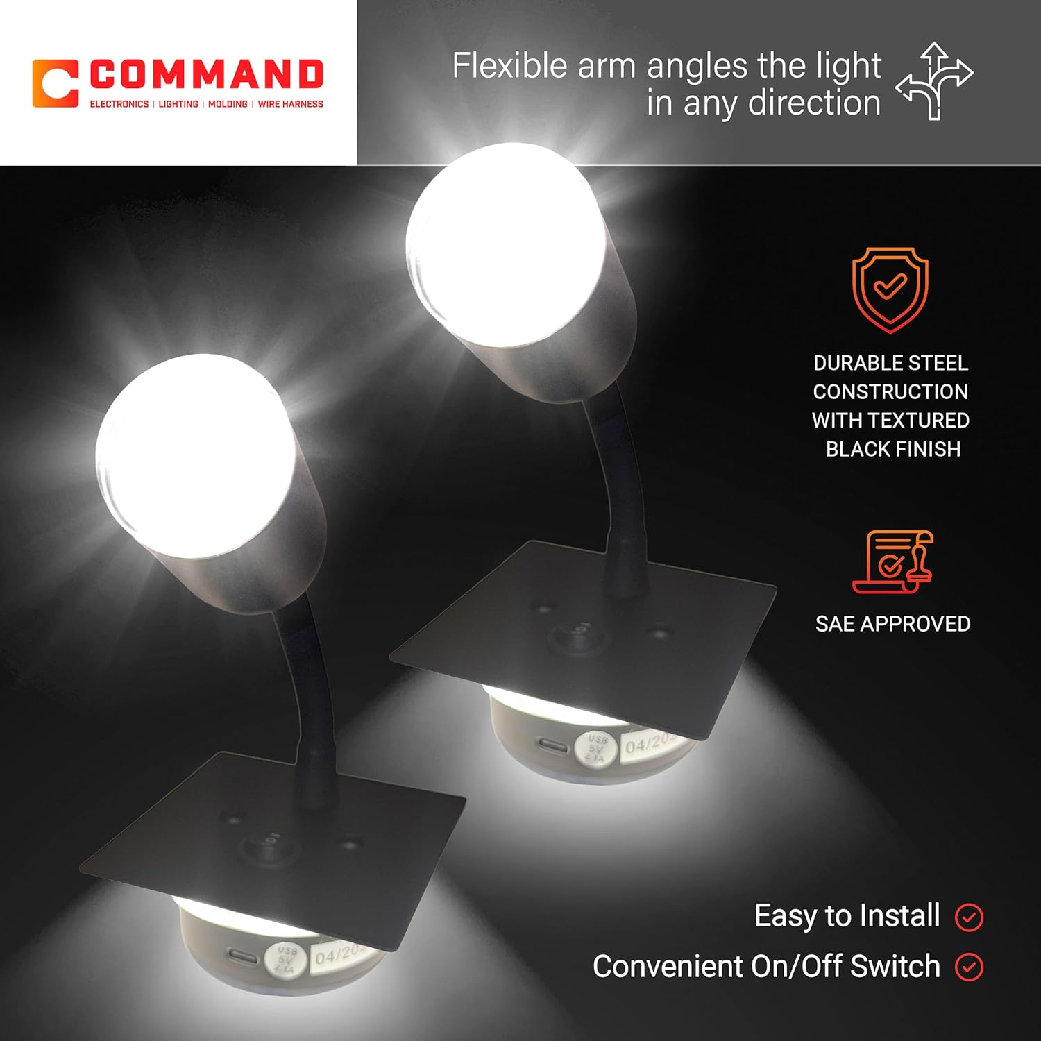 Command Electronics 12V LED Surface Mount Reading Light – Black Steel Square Plate with On-Off Switch – OEM RV, Camper, Bus, Truck, & Trailer Light – Made in The USA – 5-1/8" x 3-1/4" – 2-Pack