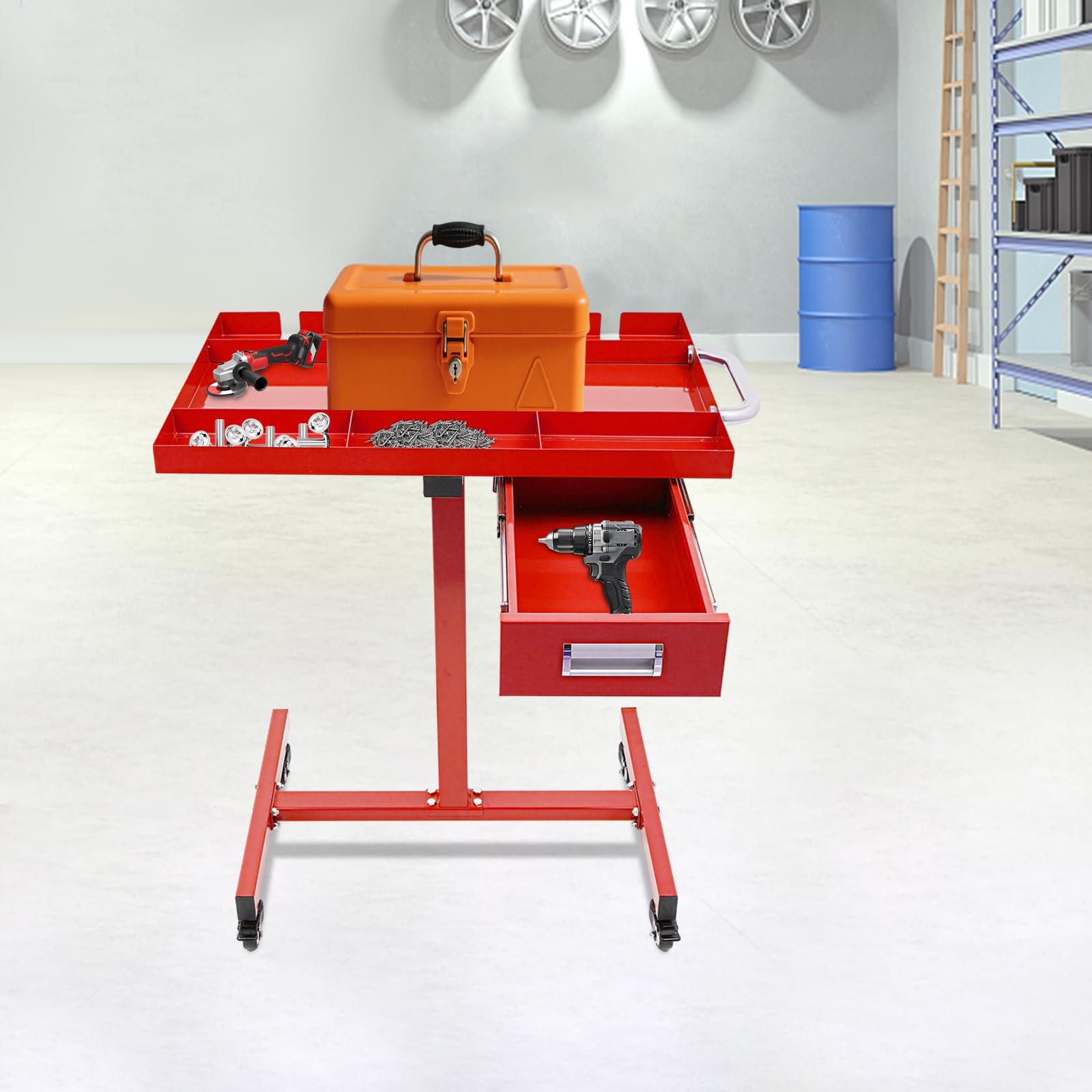 Carrello portautensili con cassetto e scomparti – Tavolo da lavoro mobile per garage e officina, portata 100 kg, 4 ruote freno, rosso, 80 x 50 x 90 cm