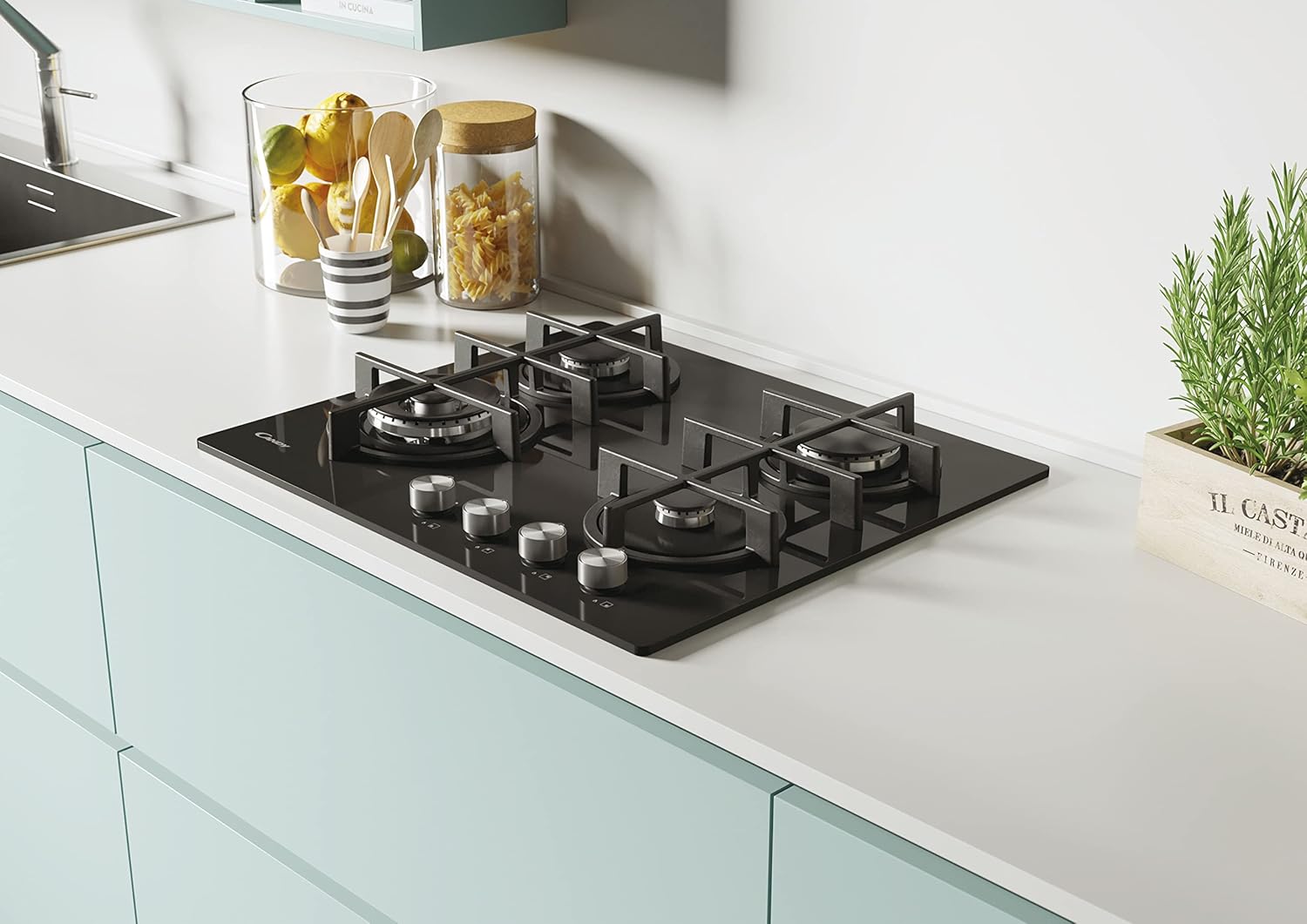 Candy CDK6GF4WEKB Piano Cottura, 4 Fuochi, Gas su Vetro Temperato, Griglie in Ghisa, Bruciatore a Doppia Corona, Manopole Inox, 59,5x51x9,5 cm, Nero