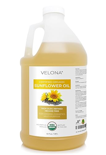 Miniatura 1 de velona Aceite de girasol orgánico certificado por la USDA, 64 onzas, aceite portador 100% puro y natural, alto oleico, refinado, prensado en frío,