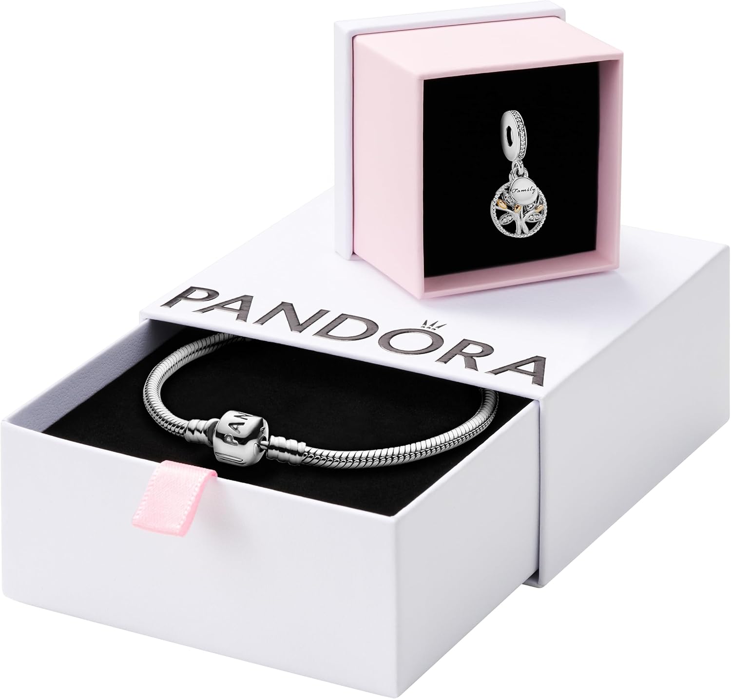 Pandora Jewelry Bundle with Gift Box - Sterling Silver & Gold Sparkling Family Tree Charm with CZ & Moments Sterling Silver Snake Chain Charm Bracelet with Barrel Clasp, 7.9" - Gift for Women
