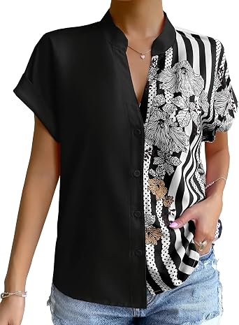 Pantete Womens Patchwork Button Down Shirt V Neck Short Sleeve Striped Blouse Tops