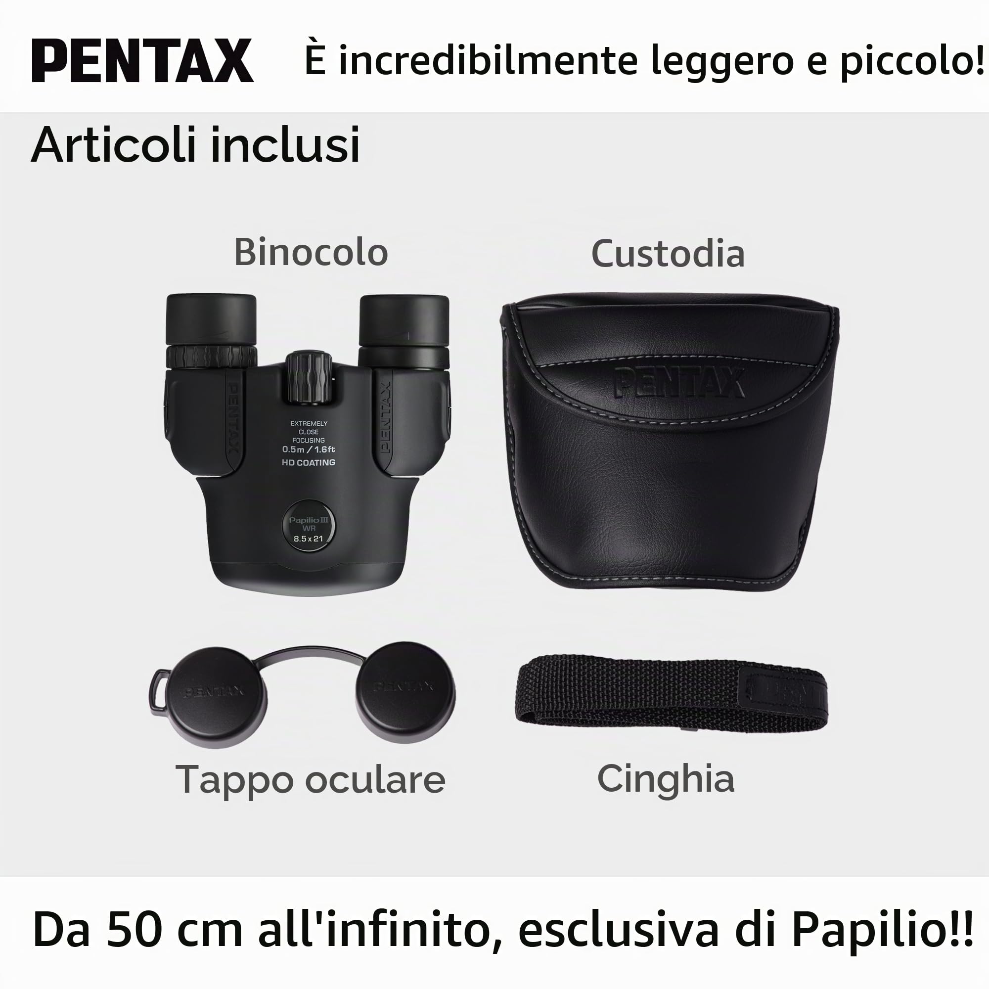 Binocolo Pentax Papilio III, 8.5 x 21 resistente agli agenti atmosferici, Nero, messa a fuoco 50 cm, resistente agli schizzi, Museo, Outdoor, Natura, Sport dal vivo, Rivestimento HD