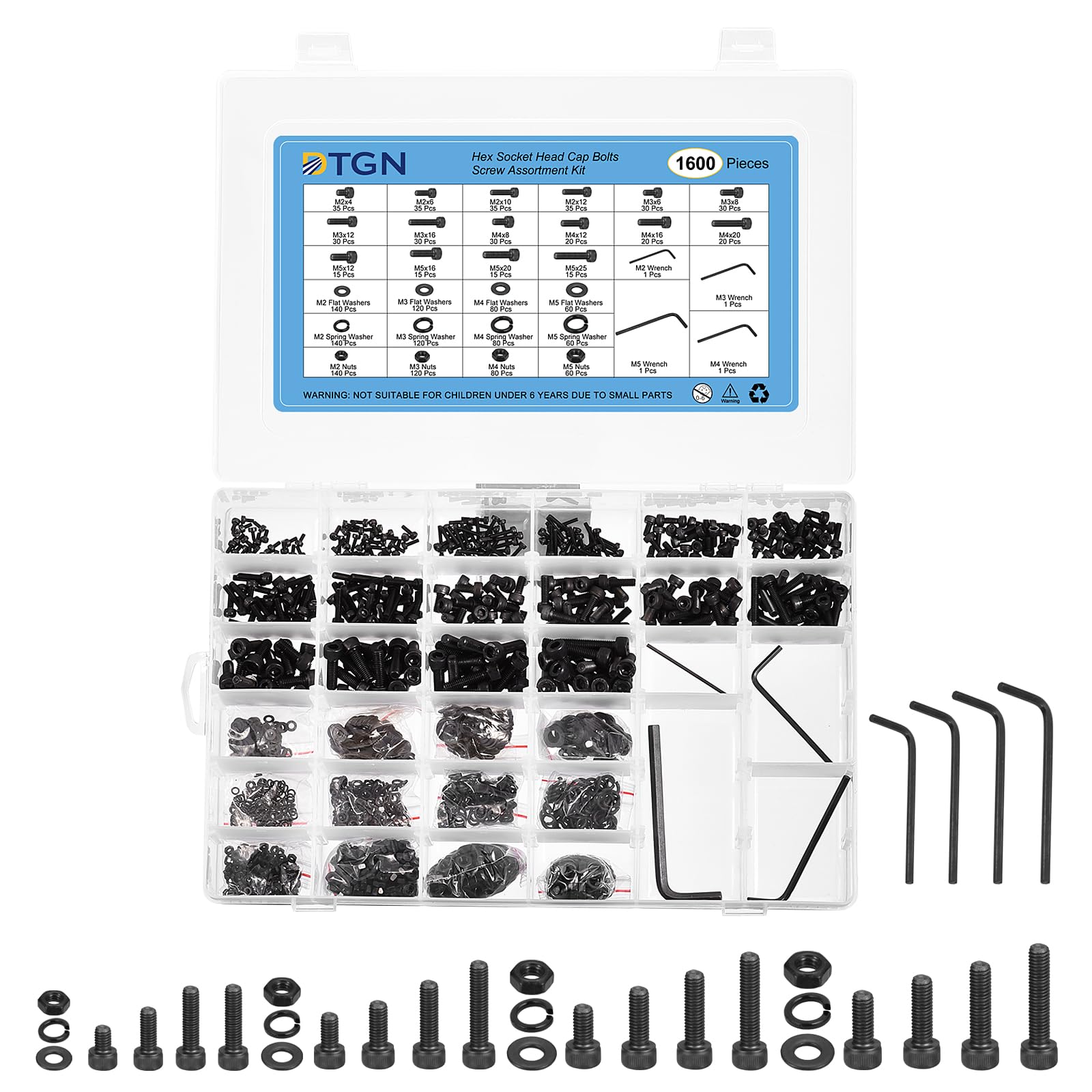 DTGN 1600Pcs Metric Screw Assortment, M2/M3/M4/M5 Bolts and Nuts Kit