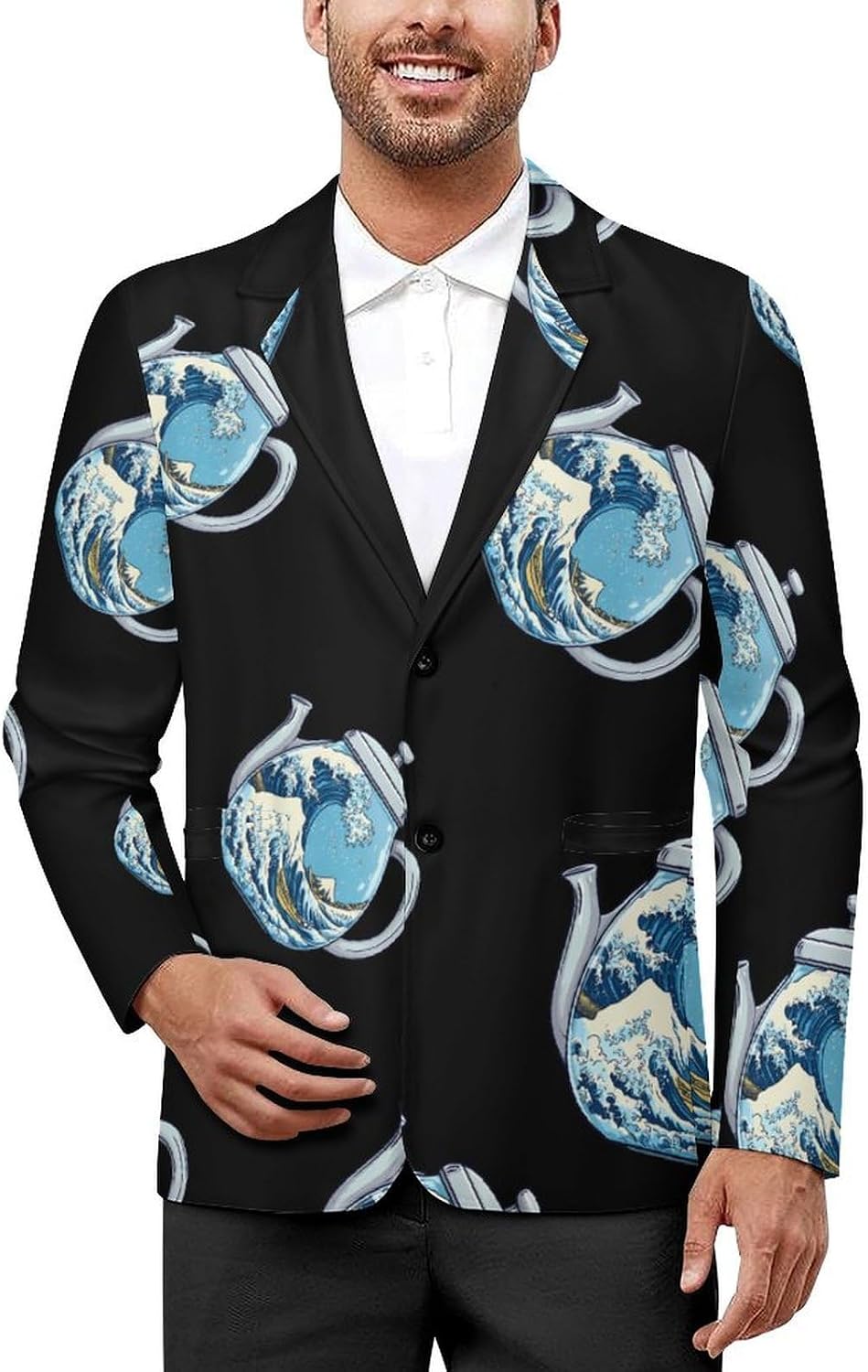 Japanese Great Wave Coffee Mens Blazer Lightweight Sport Coat Two Button Suit Jackets