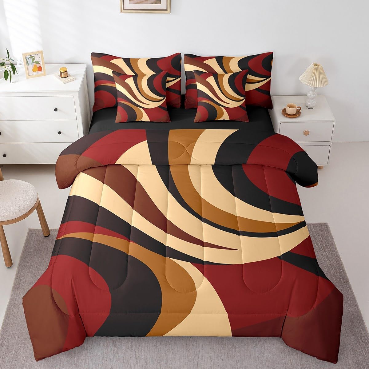 Burgundy Red 7 Piece Bedding Set King Modern Abstract Bed Set Includes Comforter, Sheet Set, Pillowcases & Pillow Covers Bedroom Decor Vintage Luxury Stripes Comforter Set Soft Women Men Geometric