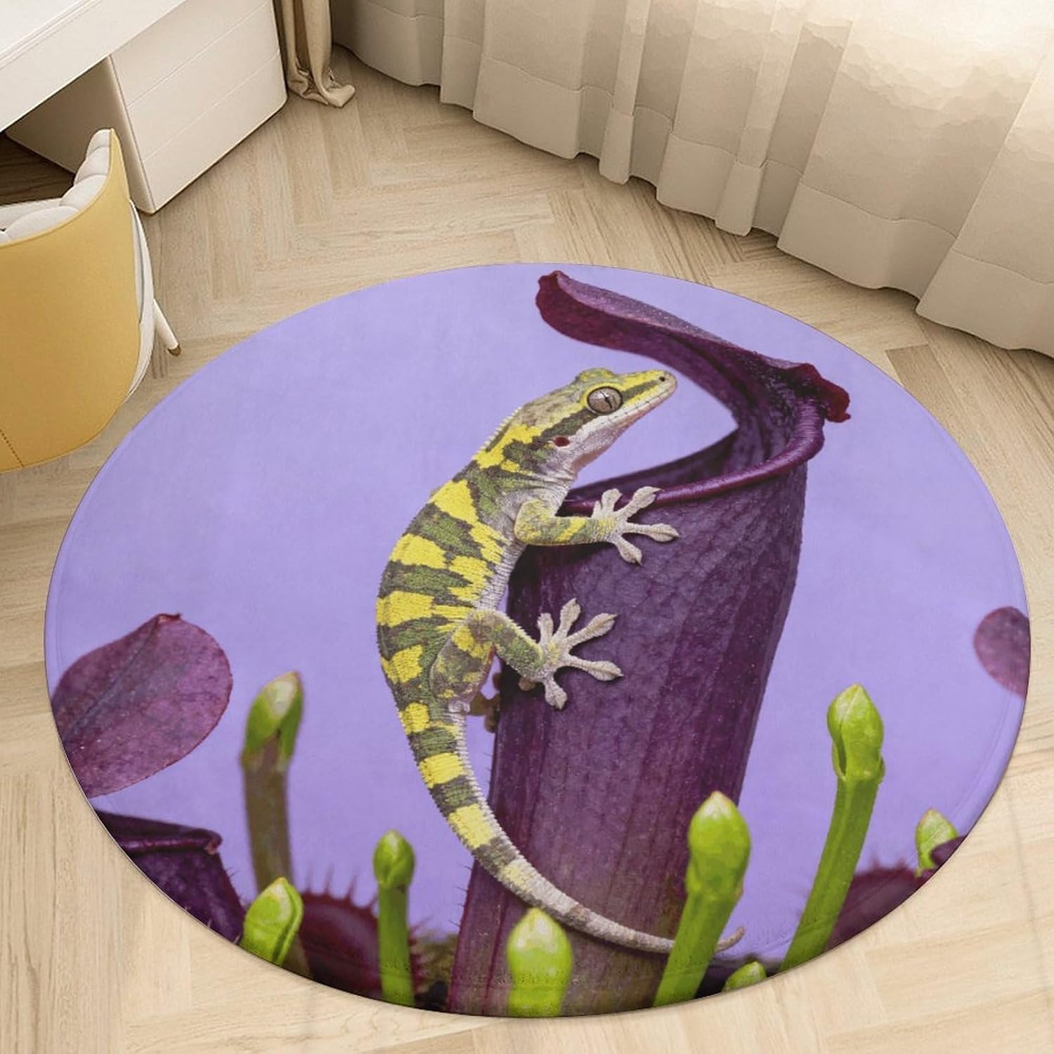 Coral Velvet Round Area Rug 2' Non-Slip TPR Backing Carpet 0.2 Inch Low Pile Gecko on Venus Flytrap Door Mat Washable Decorative Floor Rug for Bathroom Kitchen Entryway Home Decor
