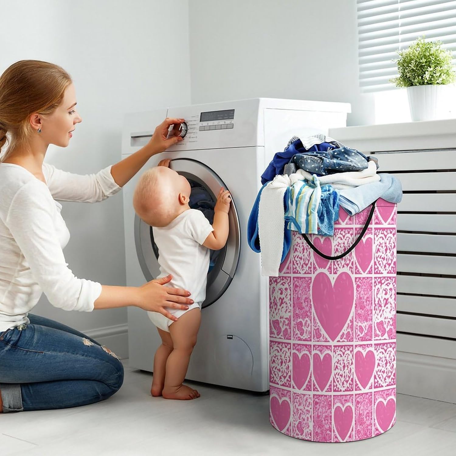 Pink White Love Heart Laundry Hamper Large Collapsible Laundry Basket with Handles Waterproof Clothes Hamper Portable Dirty Clothes Basket for Bedroom Laundry Room Closet Bathroom