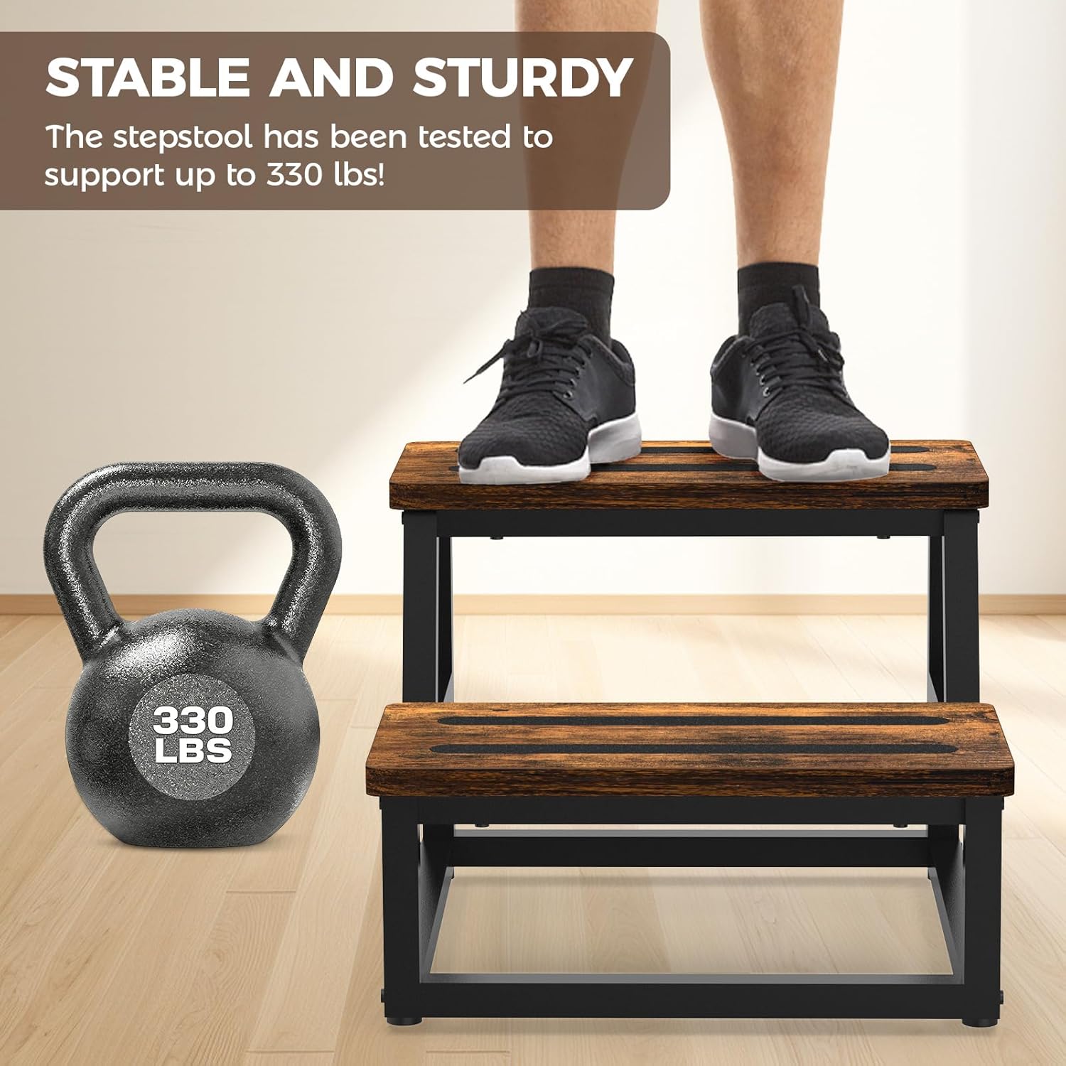 Step Stool, NomNest 2 Step Wooden Ladder Metal Foot Stool Small Kitchen Stool Helper for Toddler Adults, Ladder Chair for Home Bedside Bathroom Sink Potty