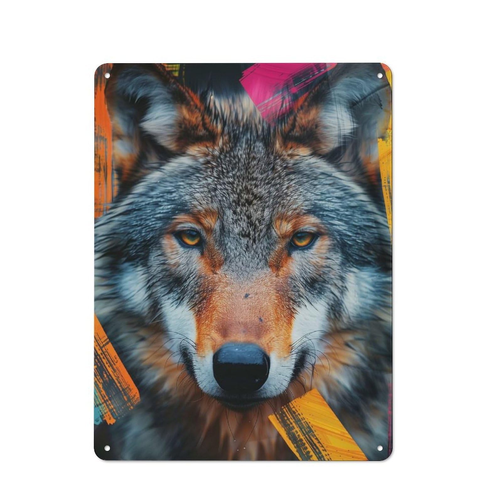Junmoney Wolf Portrait With Abstract Strokes Creative Metal Wall Decor 40X30cm, Metal Desk Wall Sign For Hobby Room, Office, Lounge Or Living Room